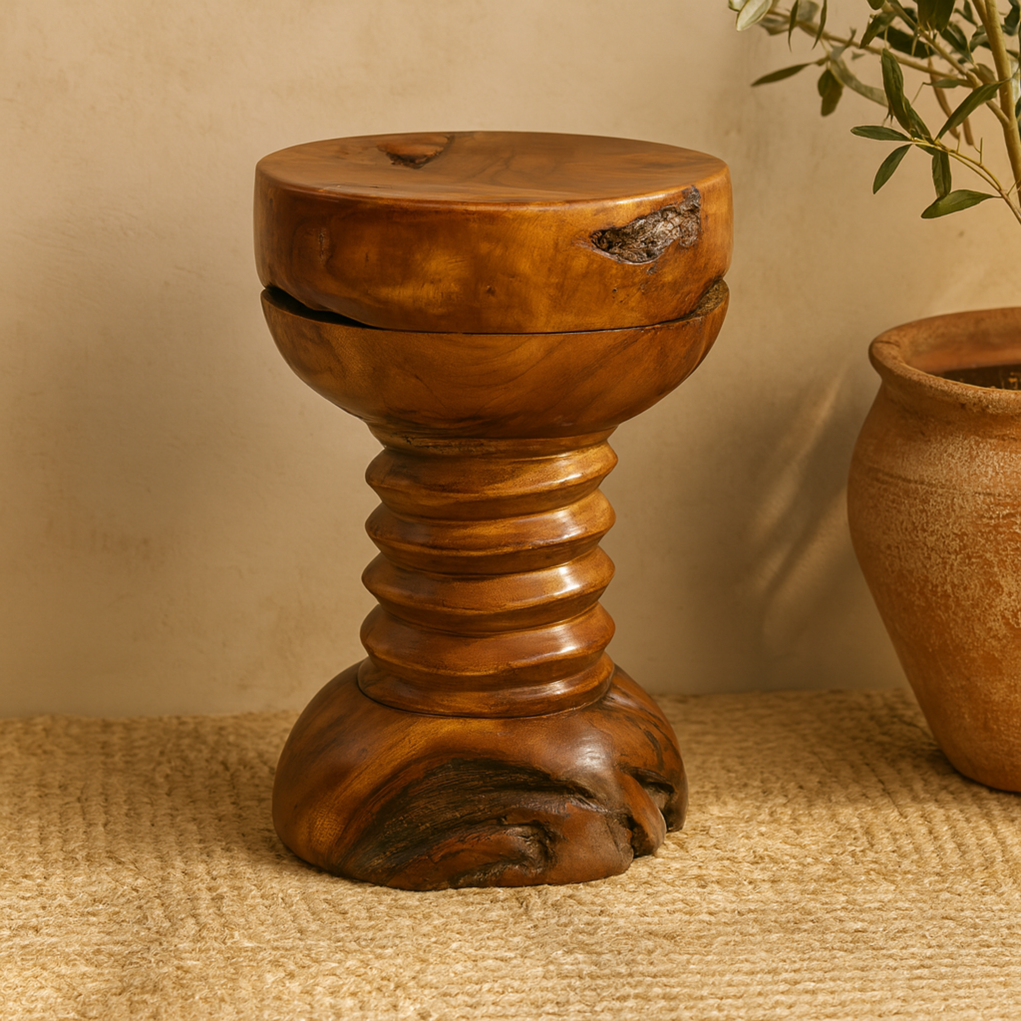 Brown Teak Wood Handmade Live Edge Side End Accent Table with Coiled Base