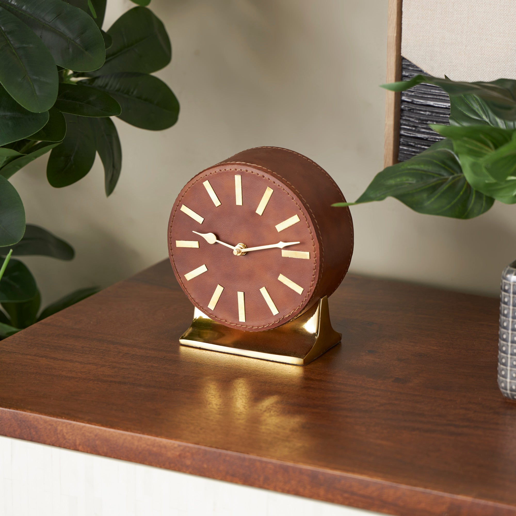 Faux Leather Round Decorative Clock with Silver Rectangular Base