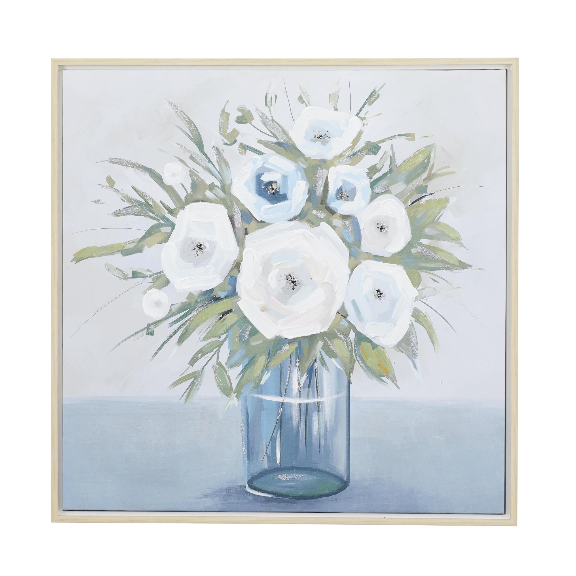 Floral Multi Colored Canvas Bouquet Living Room Framed Wall Art with Tan Frame