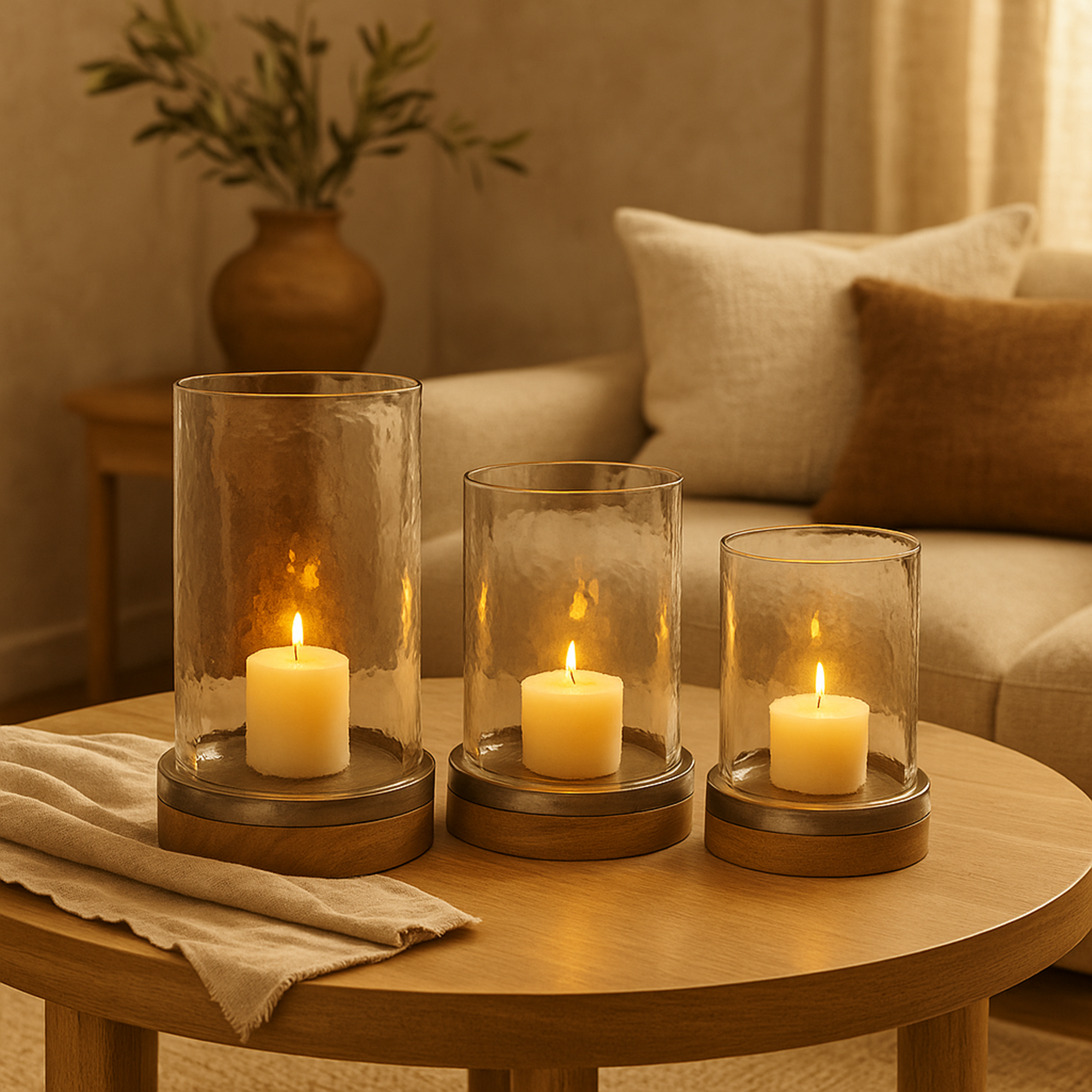 Set of 3 Brown Wood Pillar Room Hurricane Lamp with Glass Candle Holders