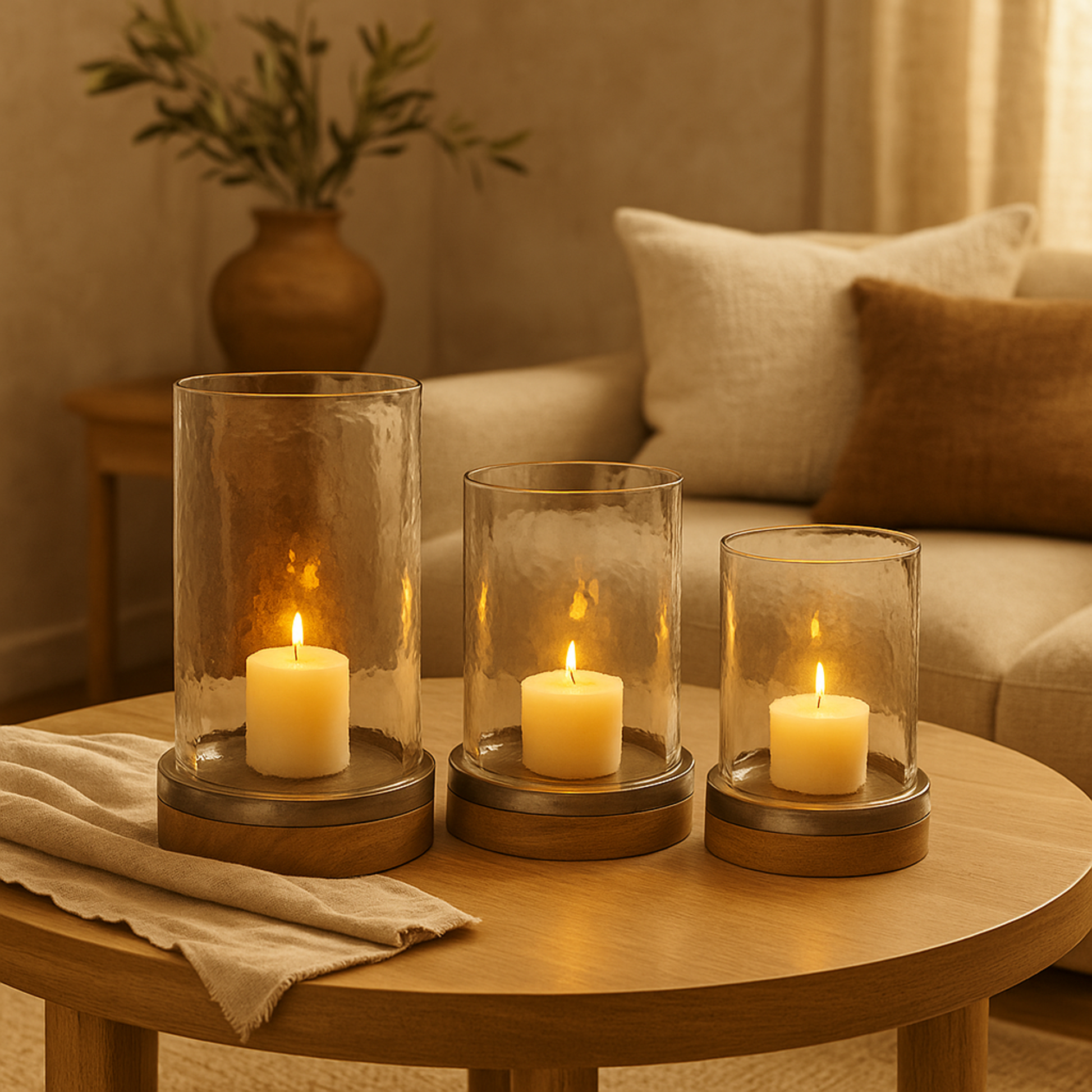 Set of 3 Brown Wood Pillar Room Hurricane Lamp with Glass Candle Holders