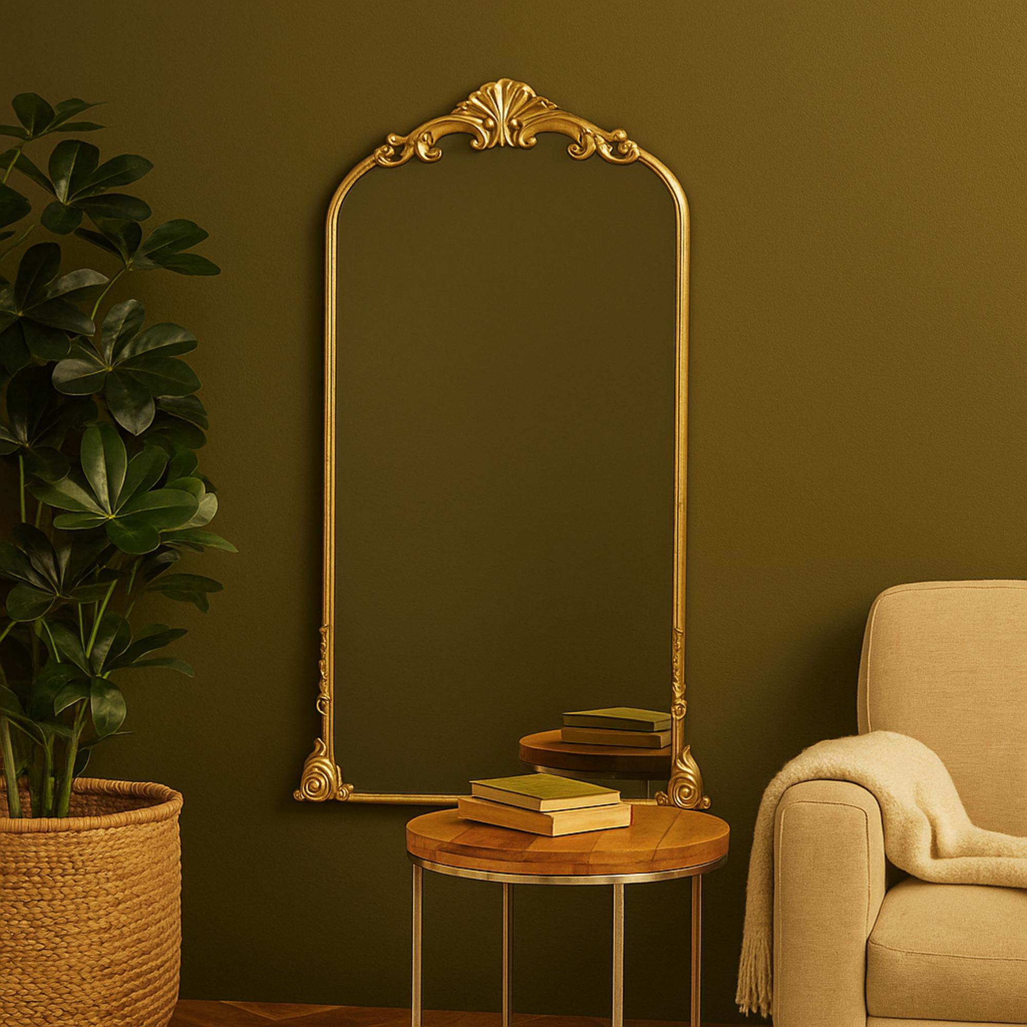 Scroll Gold Metal Tall Ornate Arched Baroque Room Floor Mirror