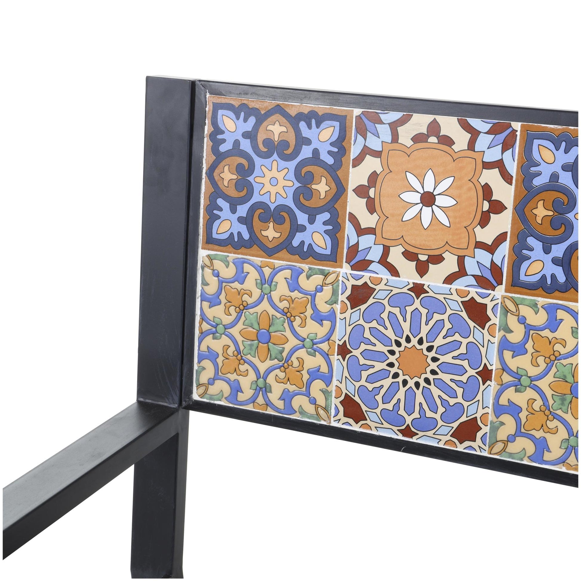 Metal Mosaic Floral and Scroll Patio Outdoor Bench with Orange and Blue Patterns 47" x 22" x 36"