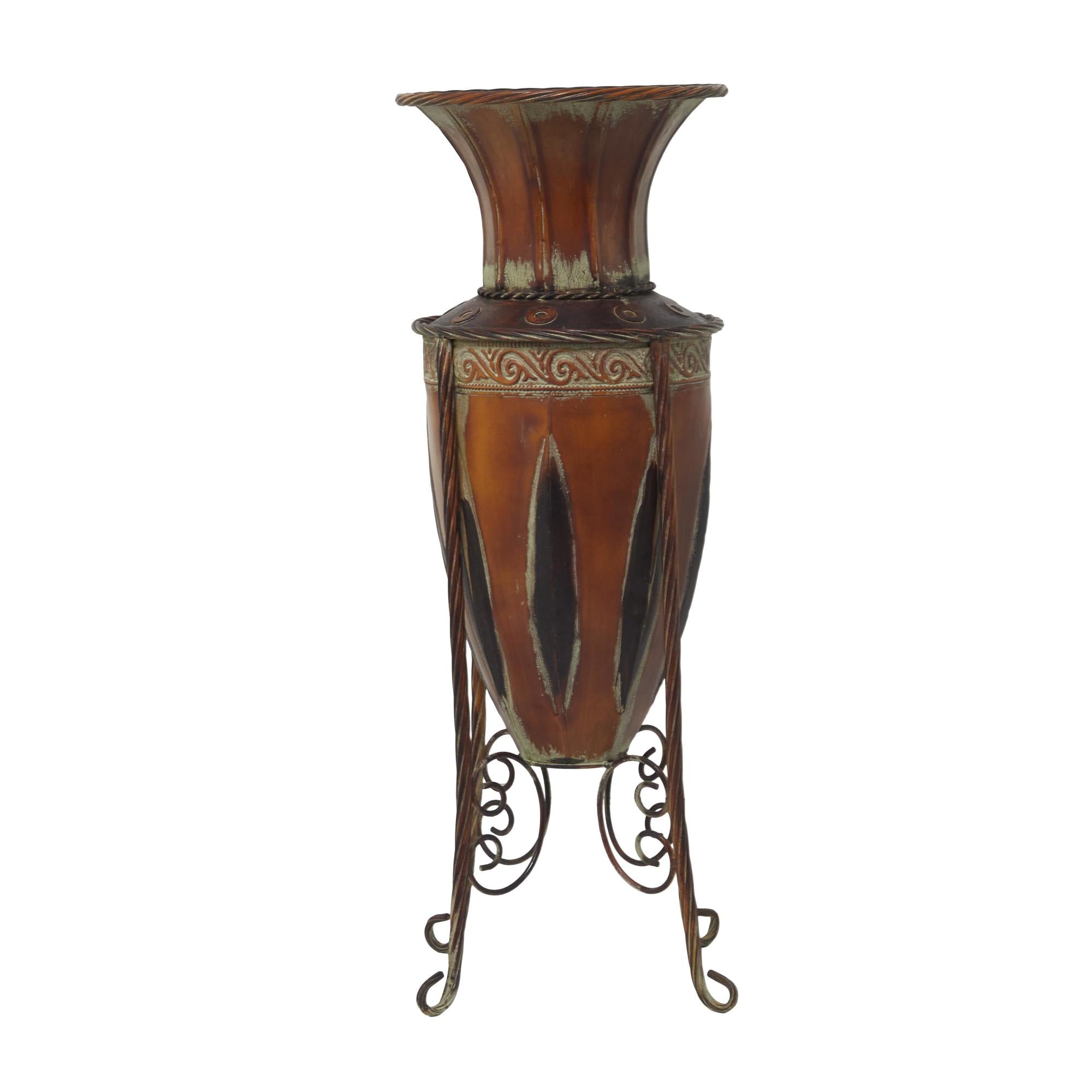Scroll Brown Metal Tall Decorative Vase with Attached Metal Stand and Intricate Design