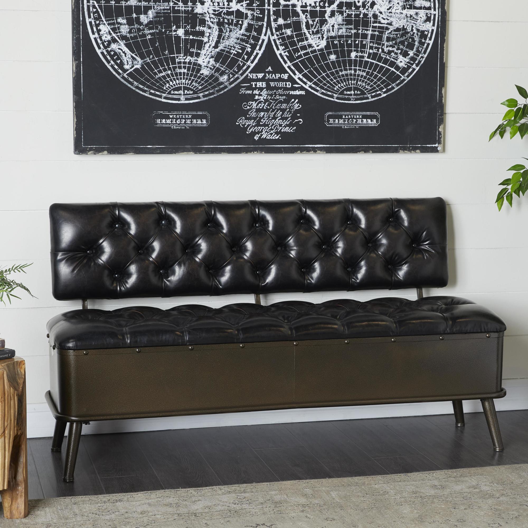 Bronze Metal Room Storage Bench with Tufted Faux Leather