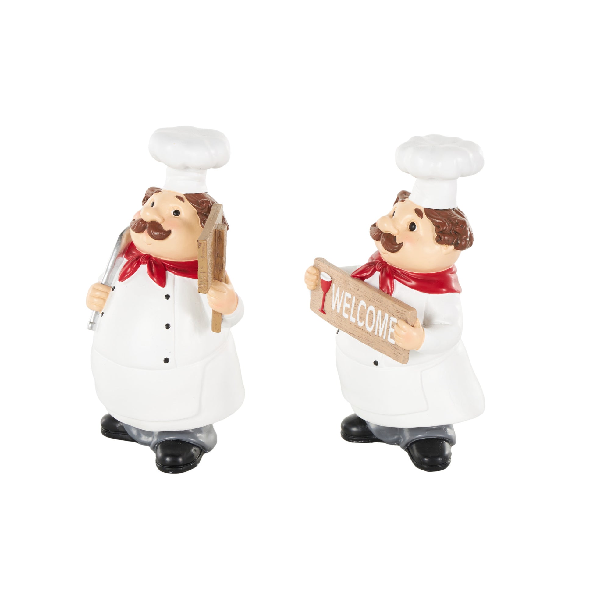 Set of 2 Chef White Polystone Kitchen Decorative Figurine Decorative Sculpture with Welcome Signs