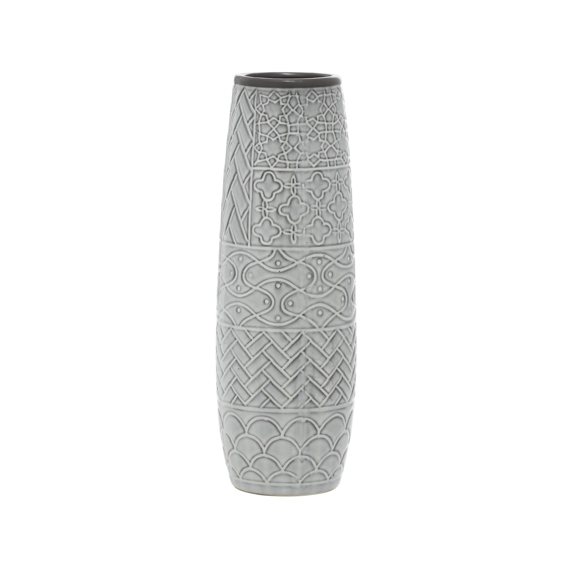 Gray Ceramic Slim Engraved Patterned Decorative Vase with Varying Patterns