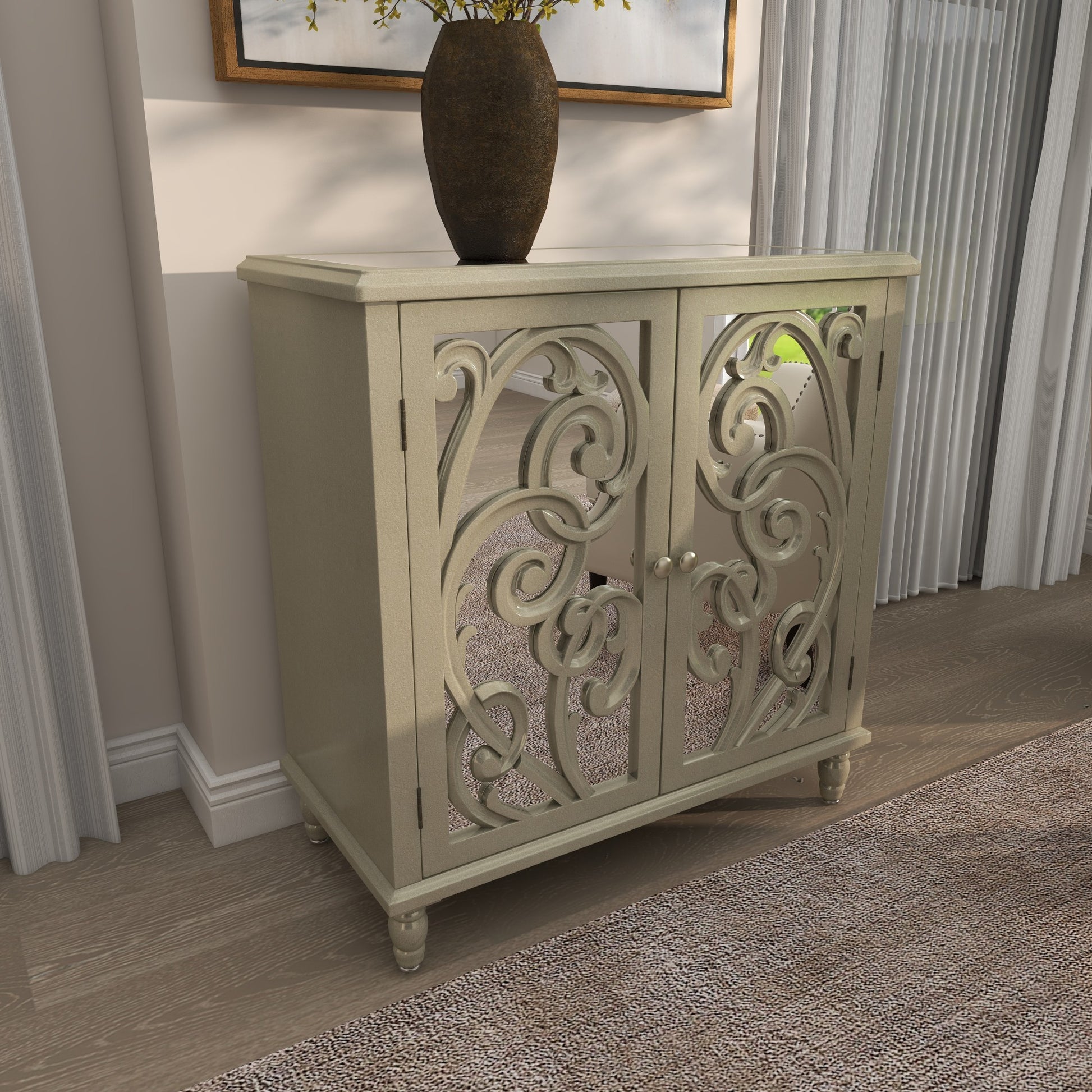 Scroll Champagne Wood Intricately Carved 2 Door Room Cabinet with Mirrored Front