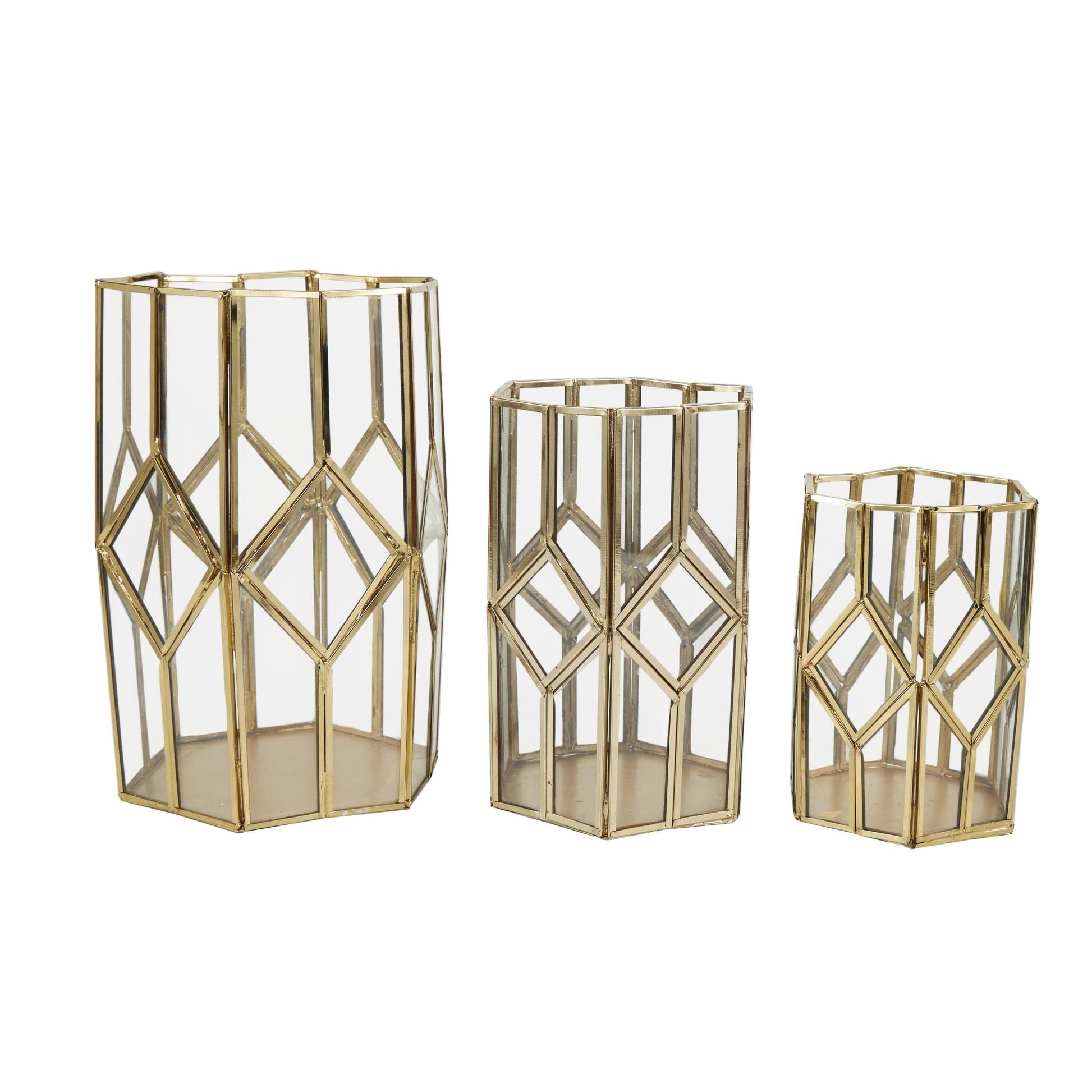CosmoLiving by Cosmopolitan Set of 3 Geometric Gold Metal Diamond Patterned Hexagon Indoor Outdoor Candle Lantern with Clear Glass