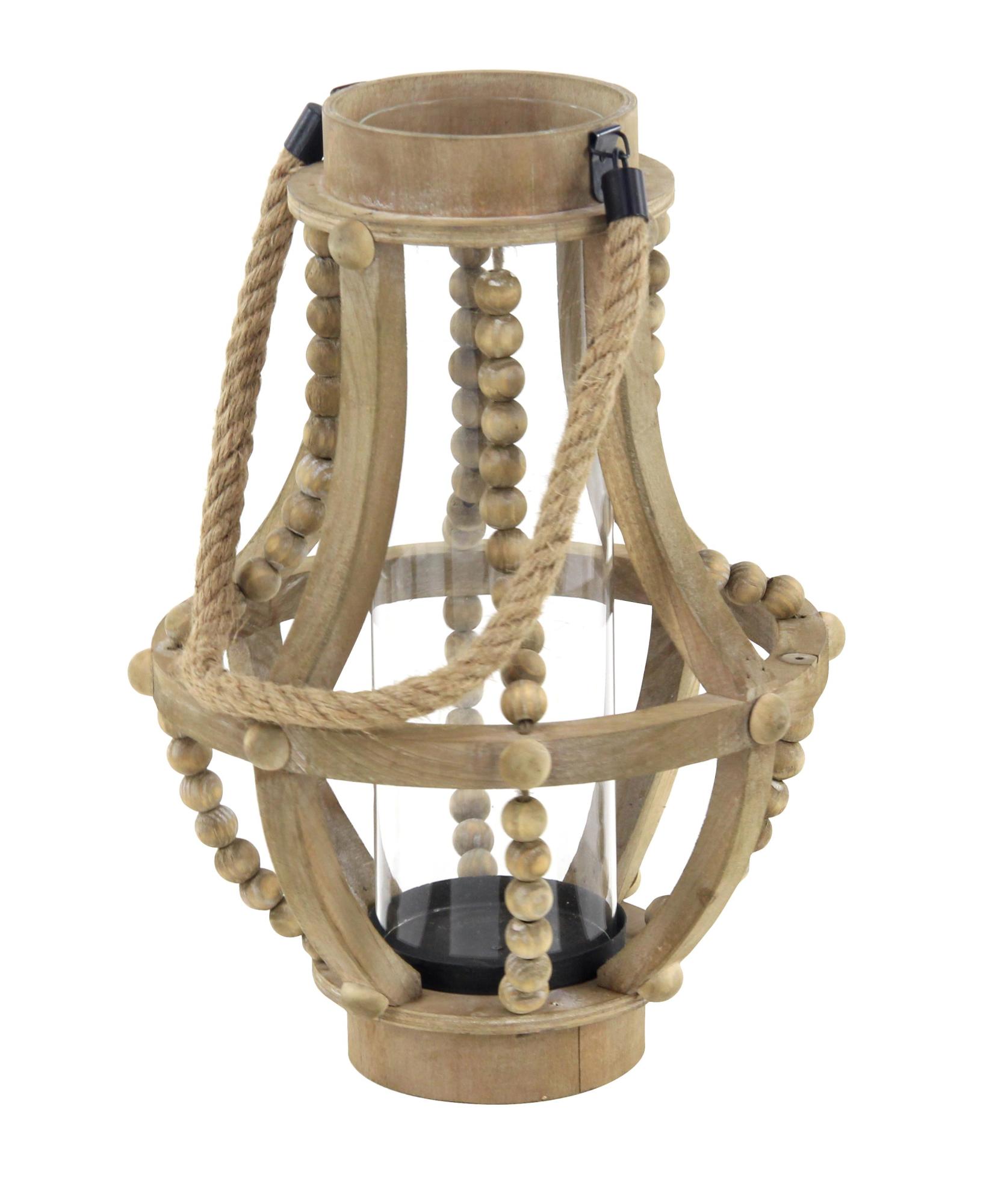 Beige Reclaimed Wood Beaded Decorative Indoor Outdoor Candle Lantern