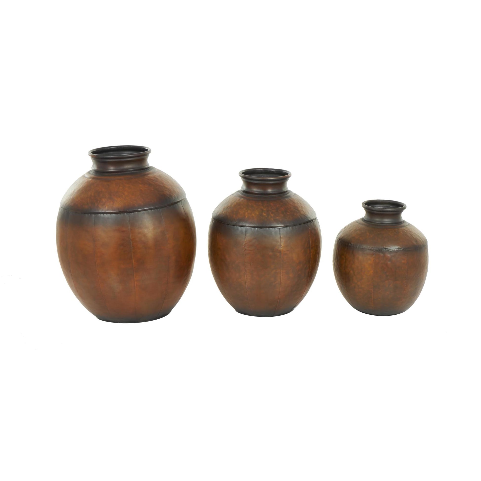 Set of 3 Brown Metal Antique Style Round Pot Floor Decorative Vase