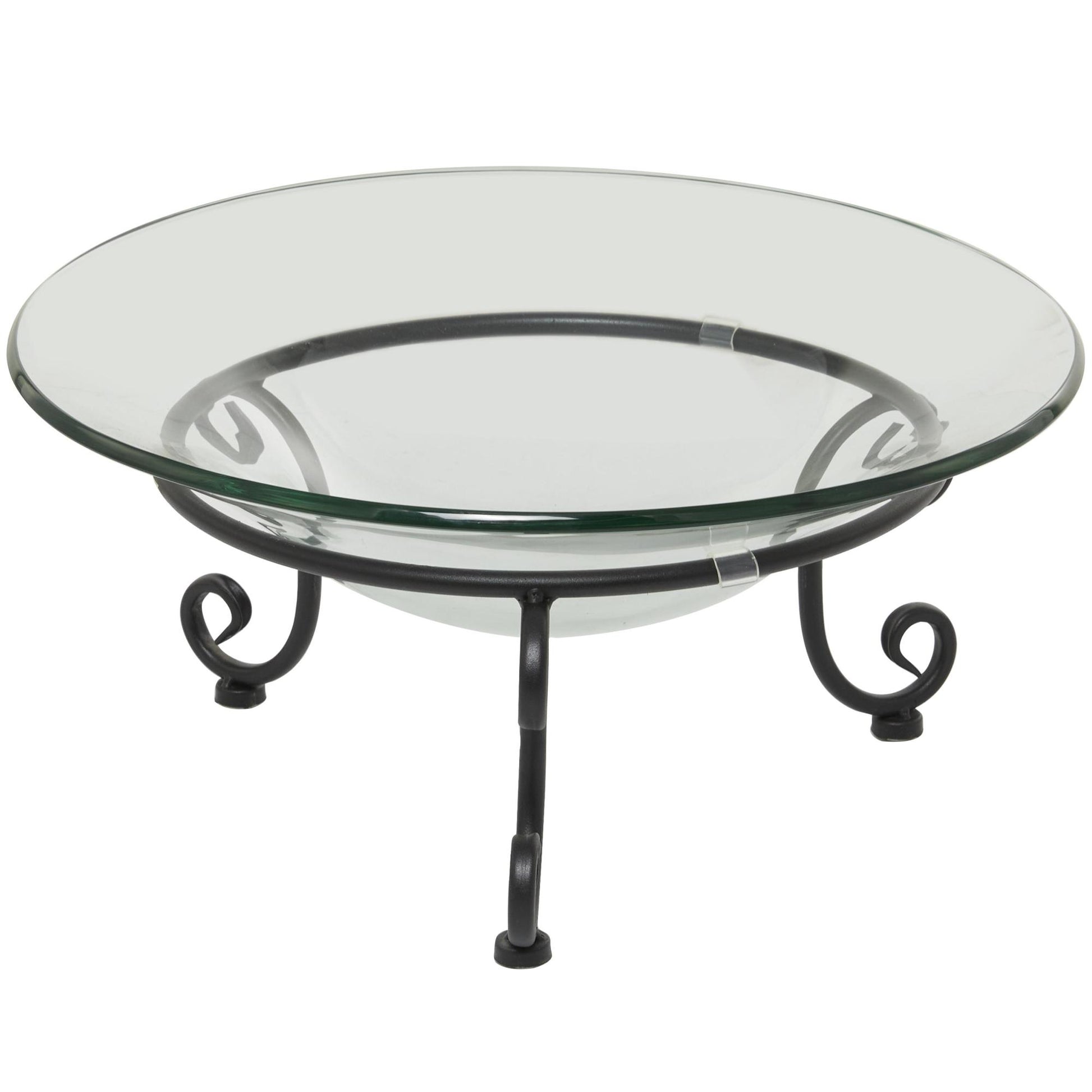 Kitchen Clear Tempered Glass Decorative Serving Bowl with Black Metal Scroll Stand