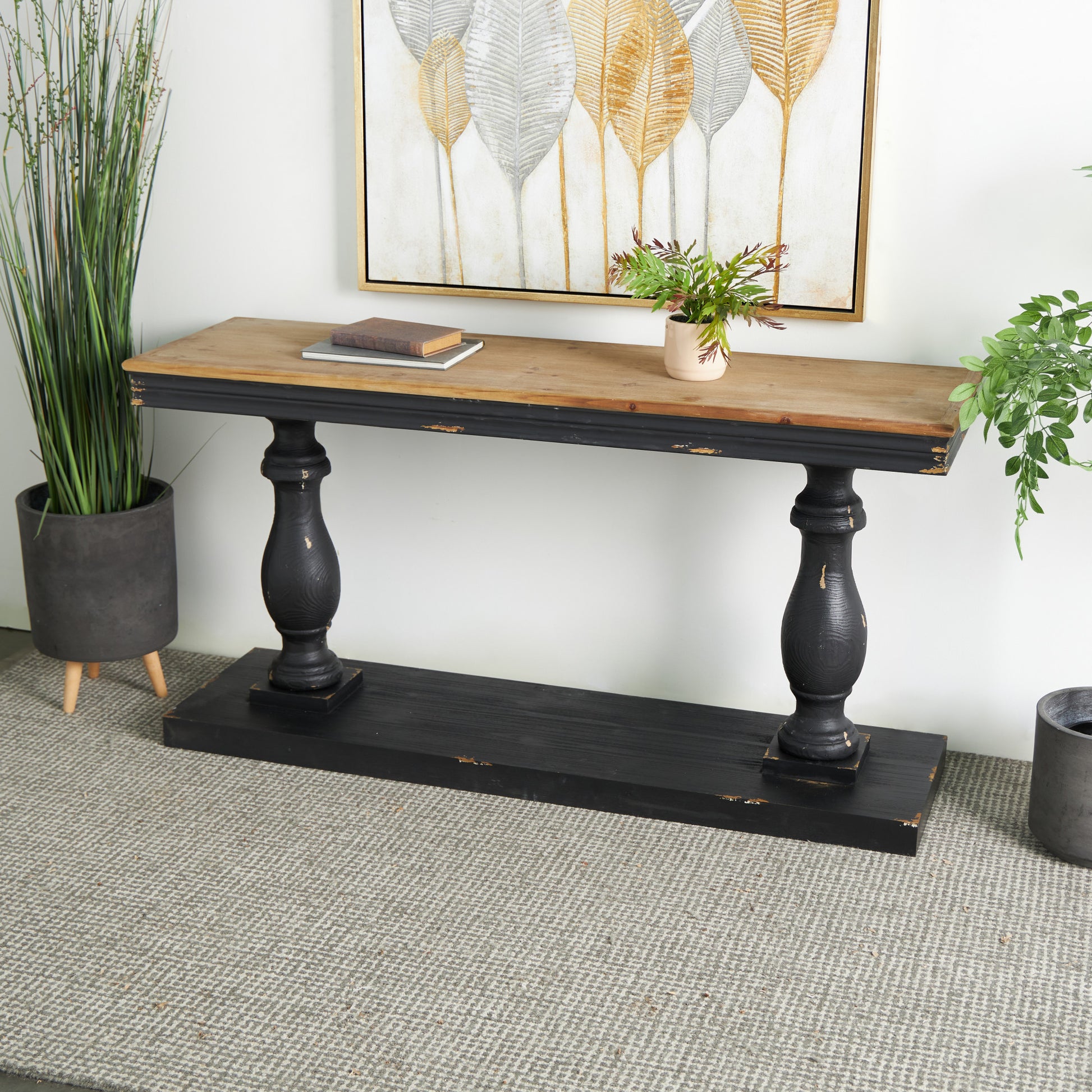 Black Wood Distressed Living Room Console Table with Brown Wood Top