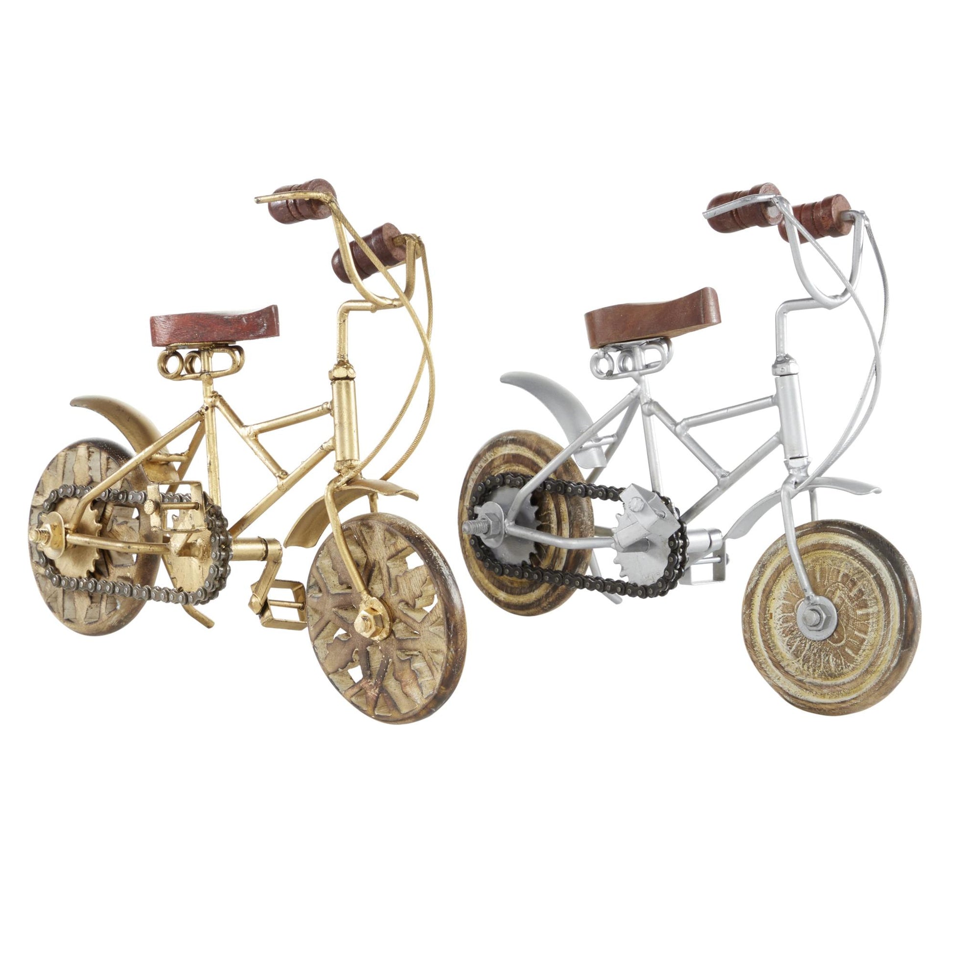 Set of 2 Bike Multi Colored Metal Decorative Sculpture with Wood Wheels