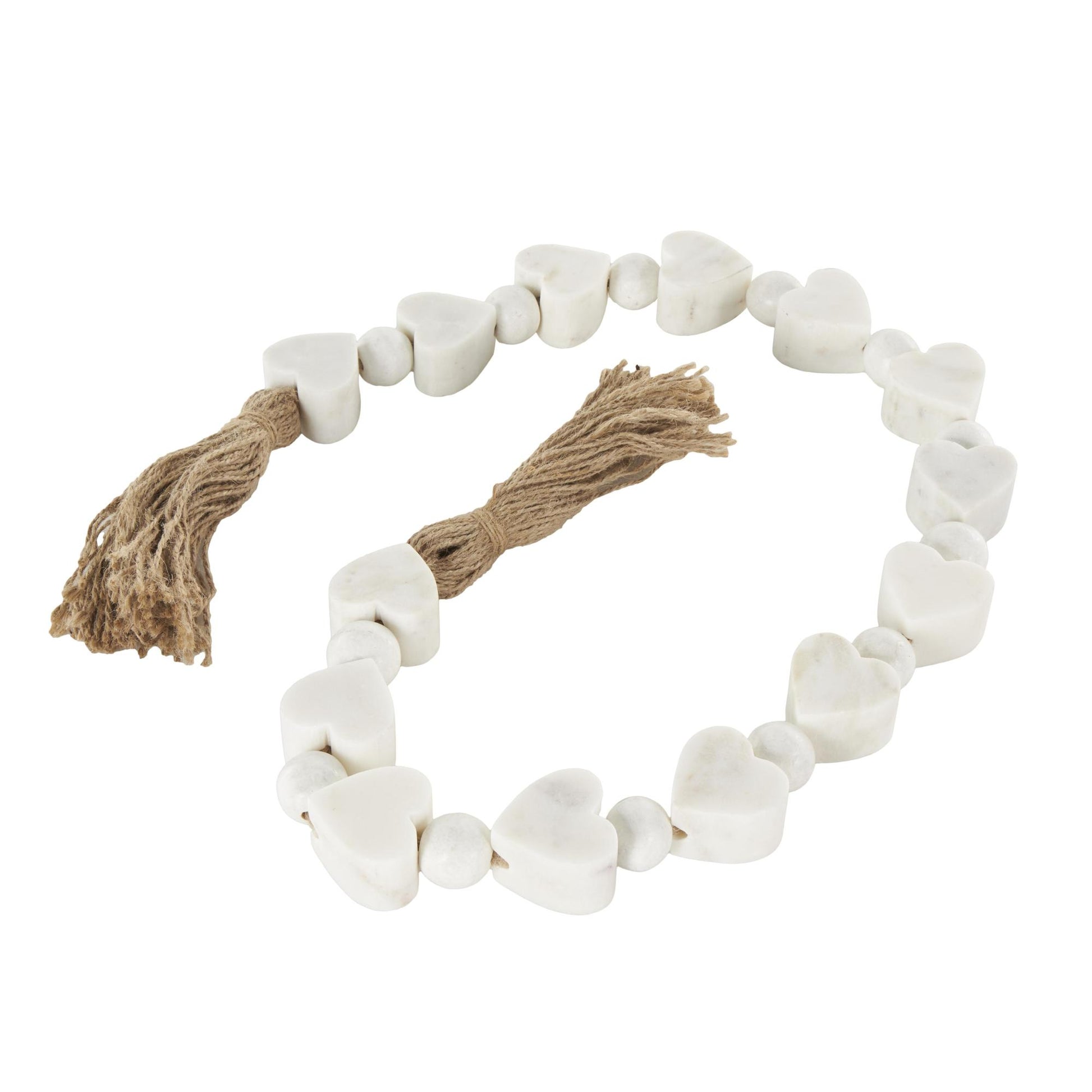Heart White Marble Handmade Beaded Garland with Tassel with Knotted Brown Jute