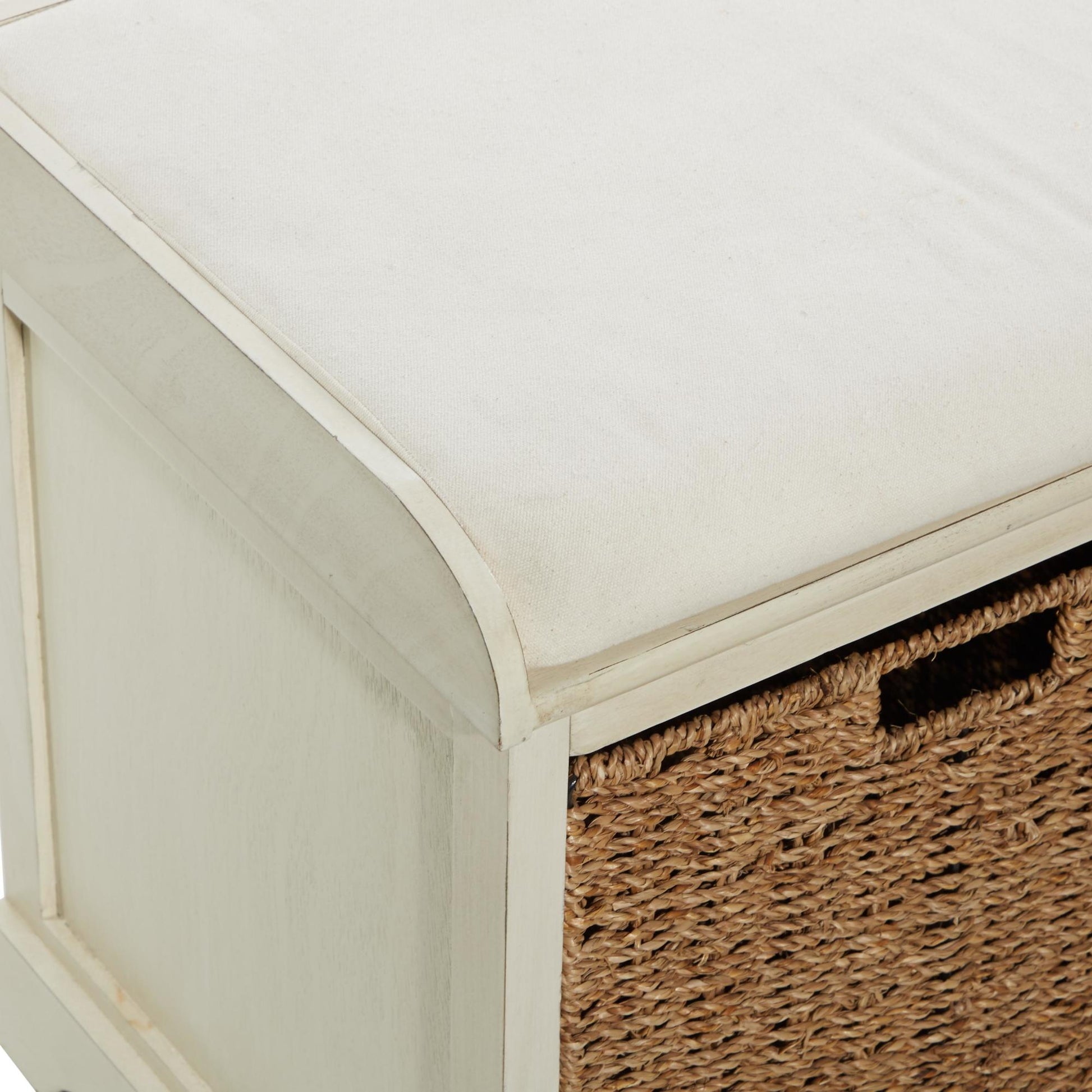 White Wood Room Storage Bench with Brown Seagrass Baskets and Cushioned Seat