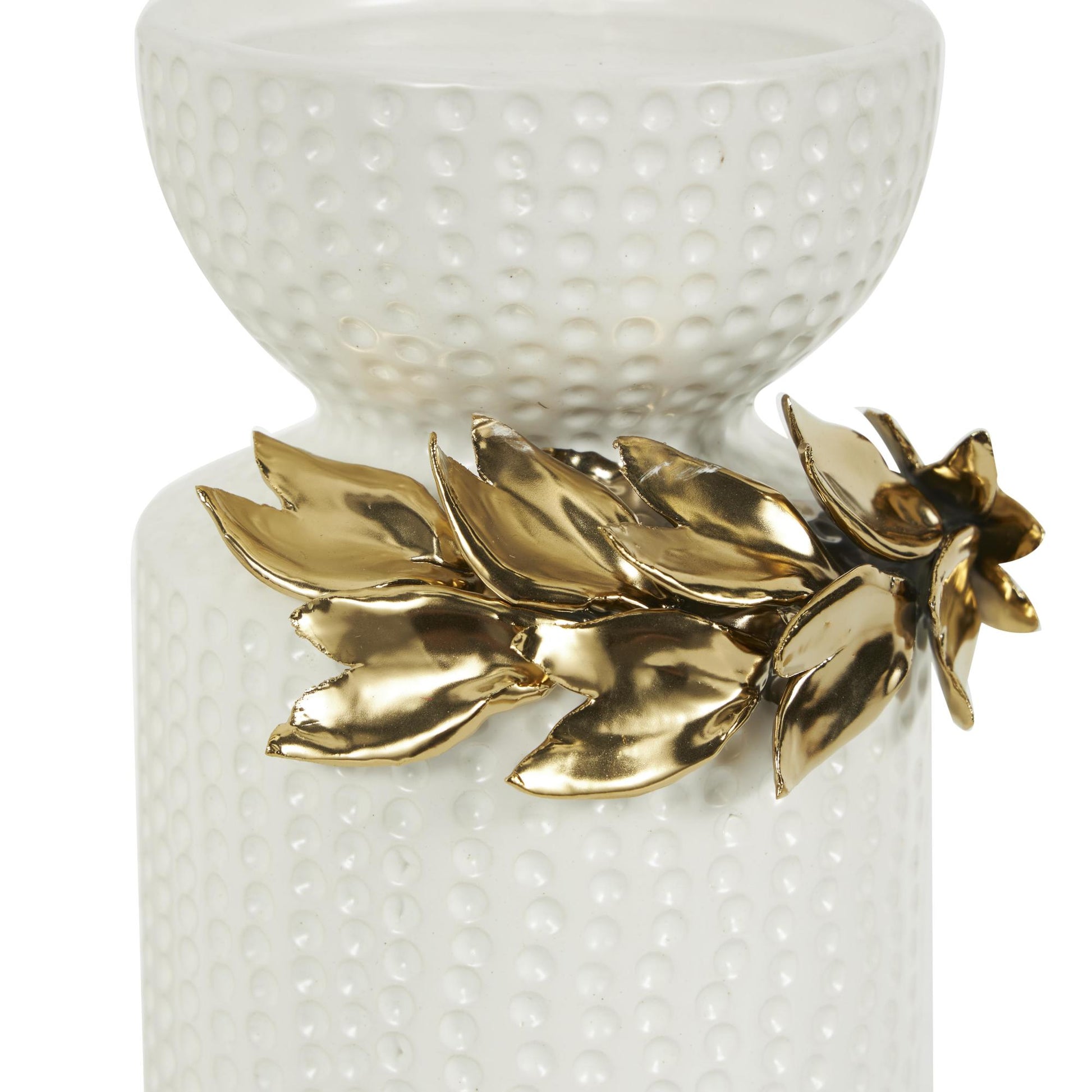 Set of 2 Leaf White Ceramic Decorative Candle Holder with Abstract Spotted Pattern and Gold Accents