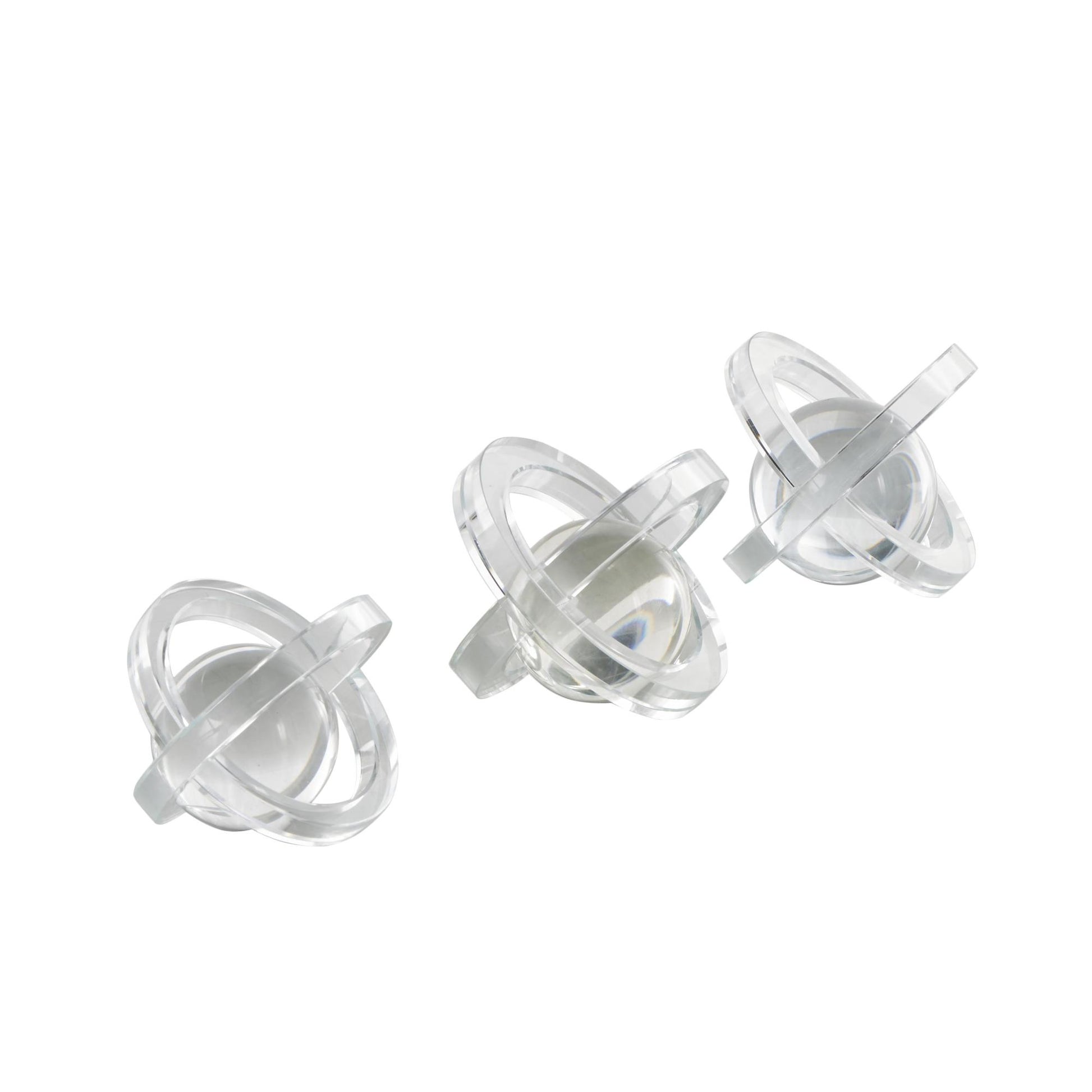 Set of 3 Geometric Clear Glass Orb Decorative Sculpture with Overlapping Rings and Ball Center