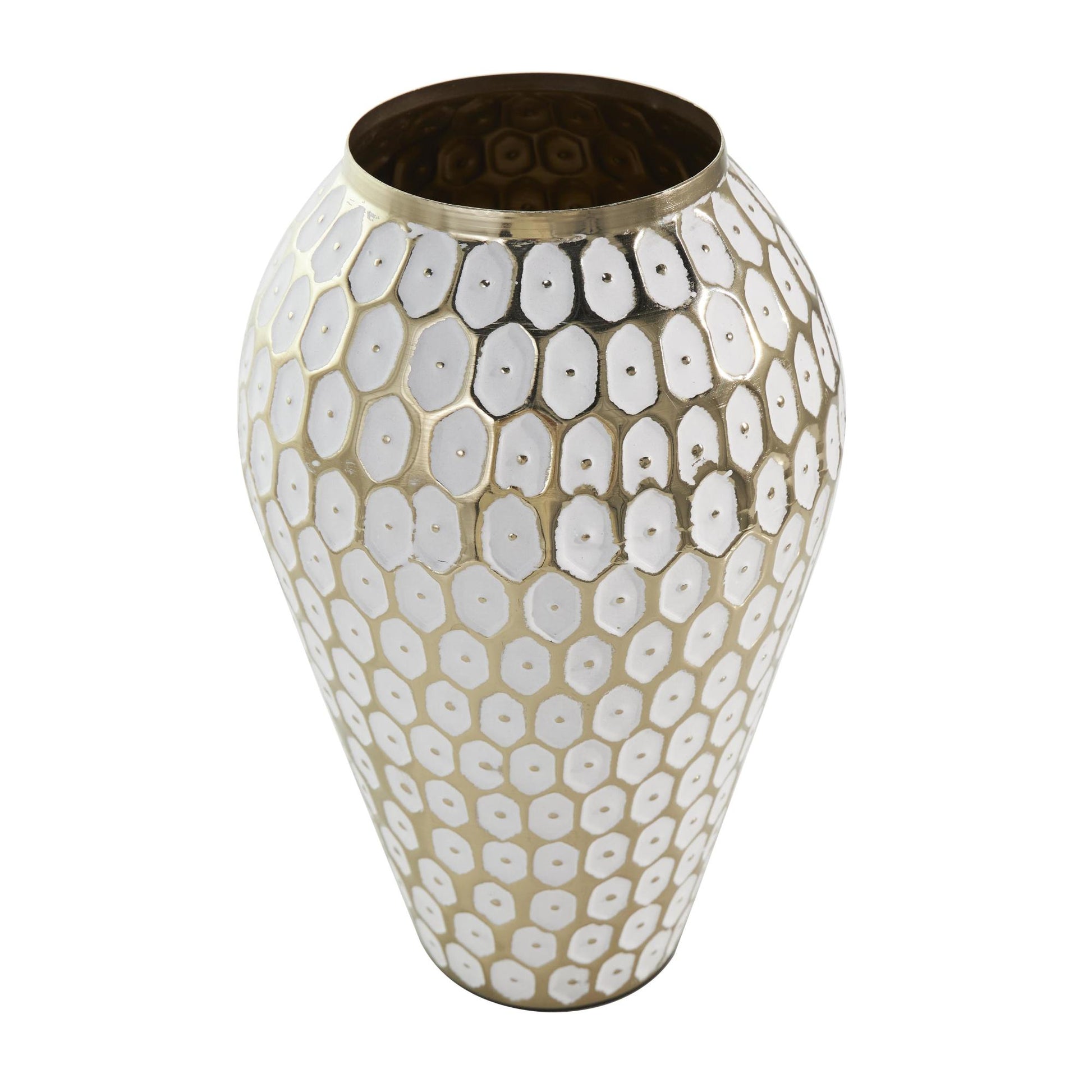 Geometric Gold Metal Geometric Dot Decorative Vase with White Accents