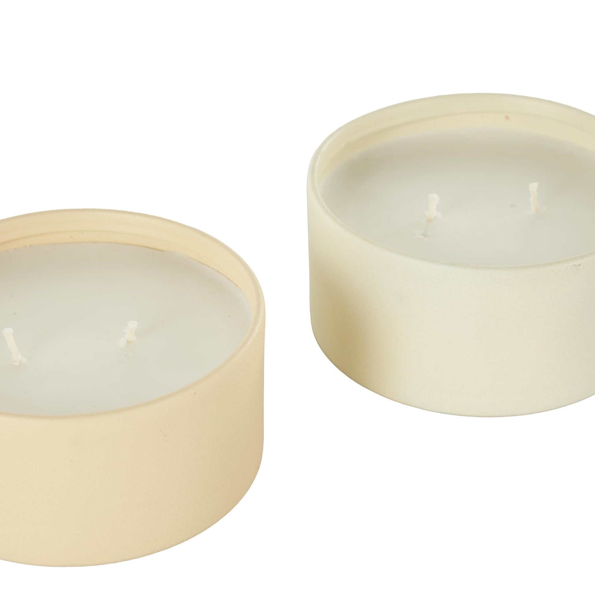 Set of 2 Metal Fresh Cotton / White Tea & Ginger Scented Textured 9oz 2 Wick Decorative Candle with White Wax
