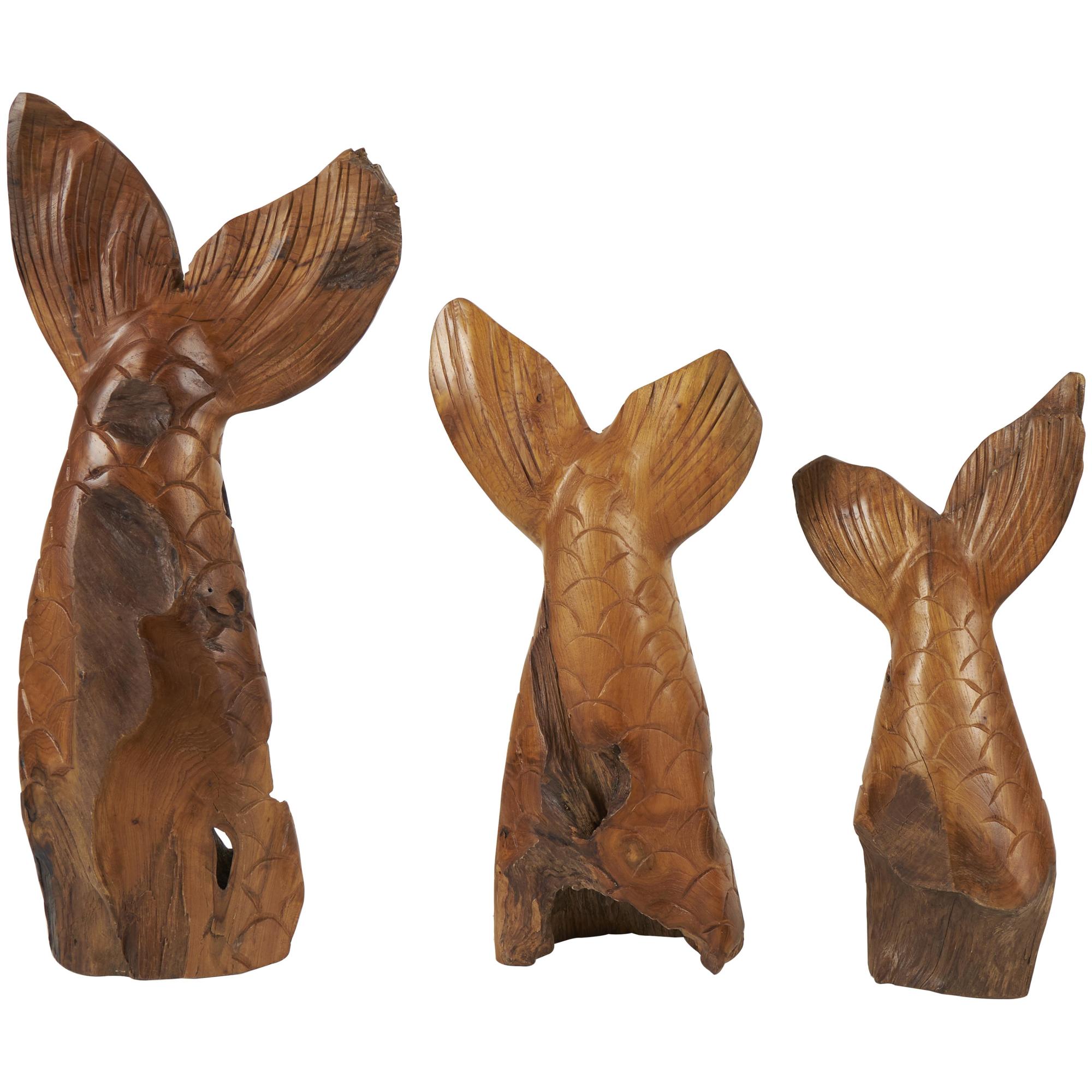 Set of 3 Whale Brown Teak Wood Handmade Tail Live Edge Decorative Sculpture with Intricate Carvings