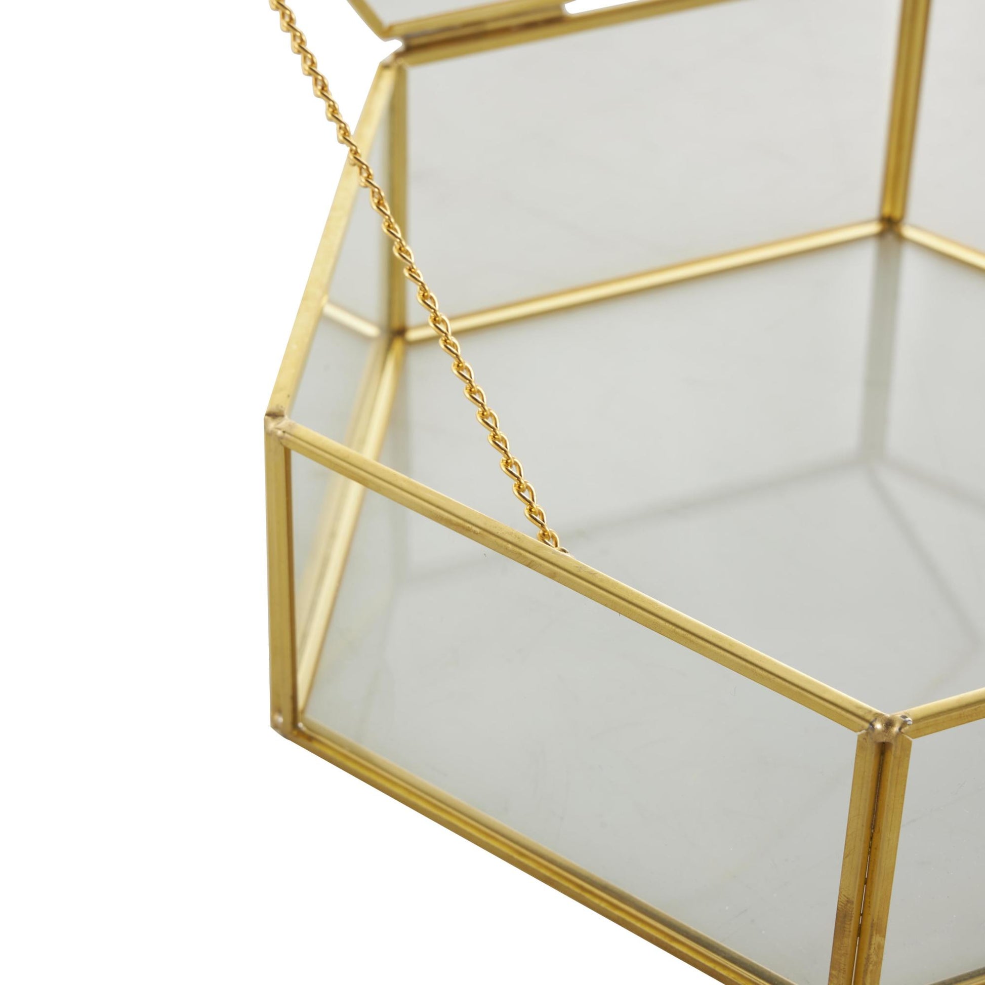 Set of 2 Geometric Clear Glass Hexagon Decorative Jewelry Box with Gold Metal Frame and Chain Accent