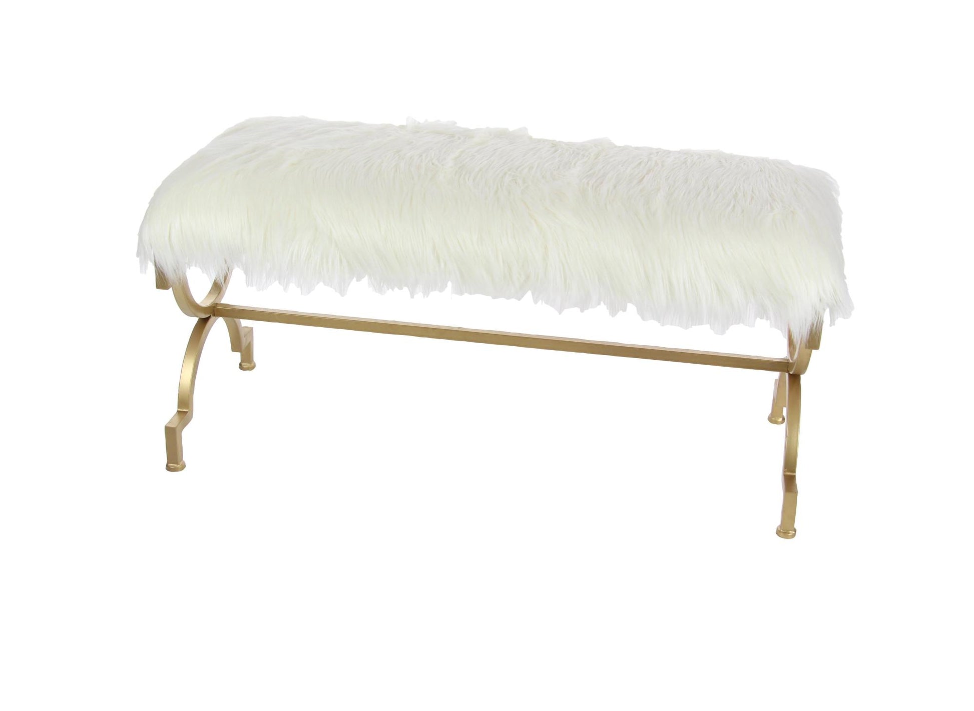 Gold Metal Home Bench with White Faux Fur Top