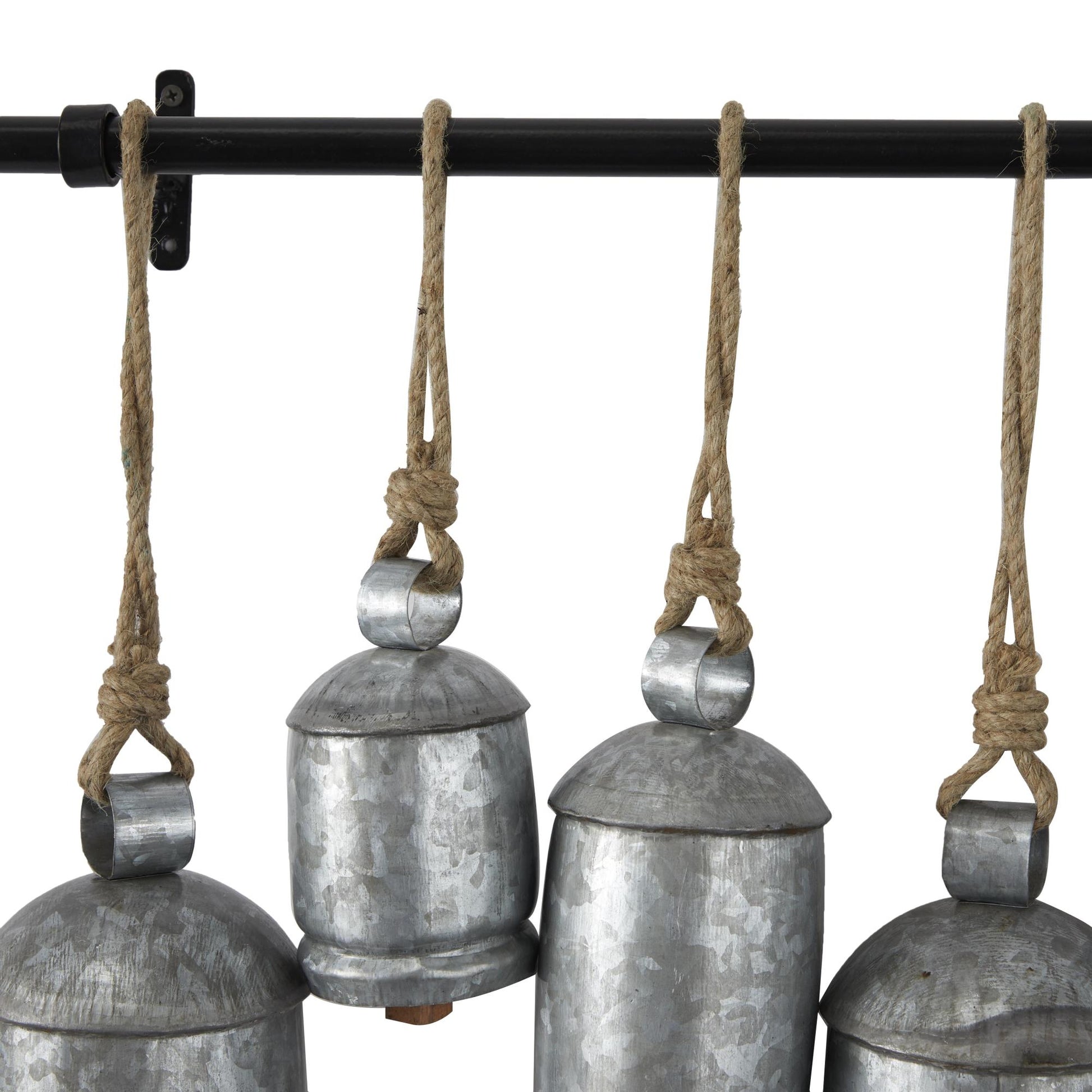 Metal Tibetan Inspired 12 Bell Indoor Outdoor Decorative Cow Bells with Hanging Ropes and Rod