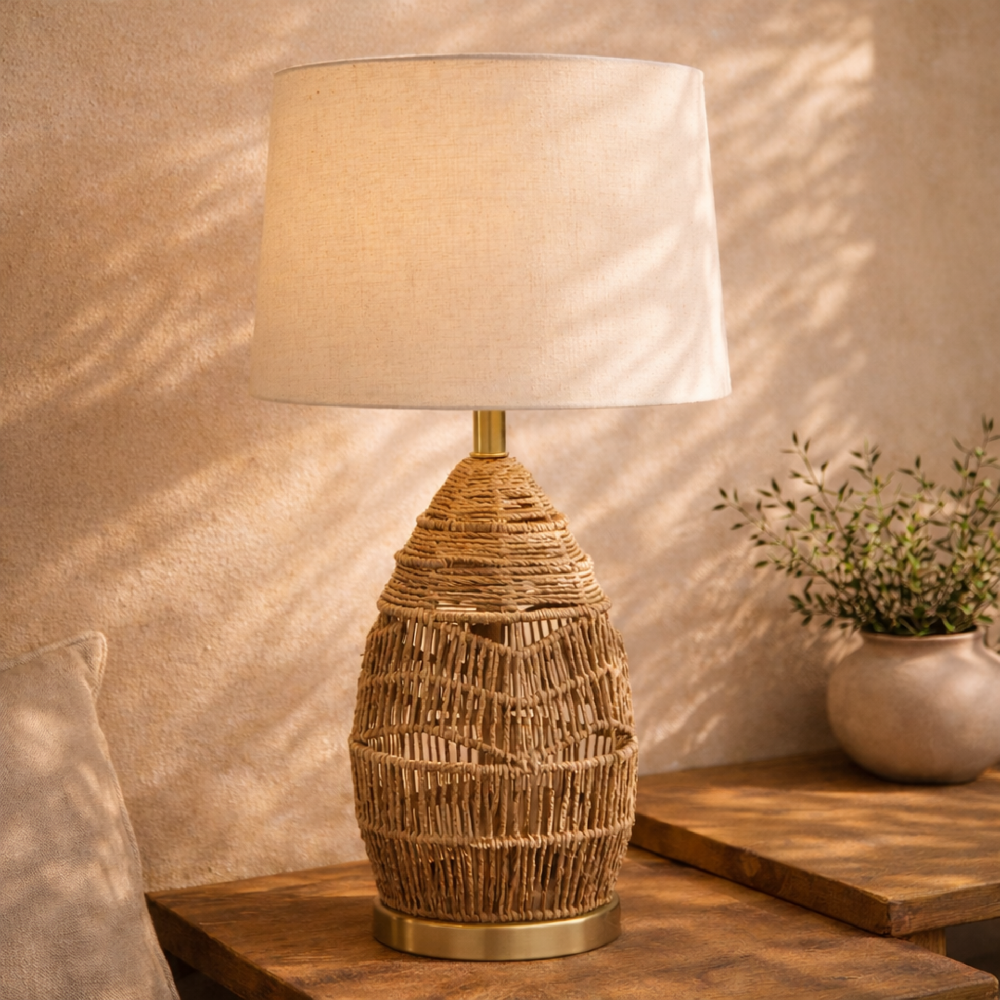 Brown Wicker Wood Handmade Woven Room Table Lamp with Zig Zag Pattern and Gold Base