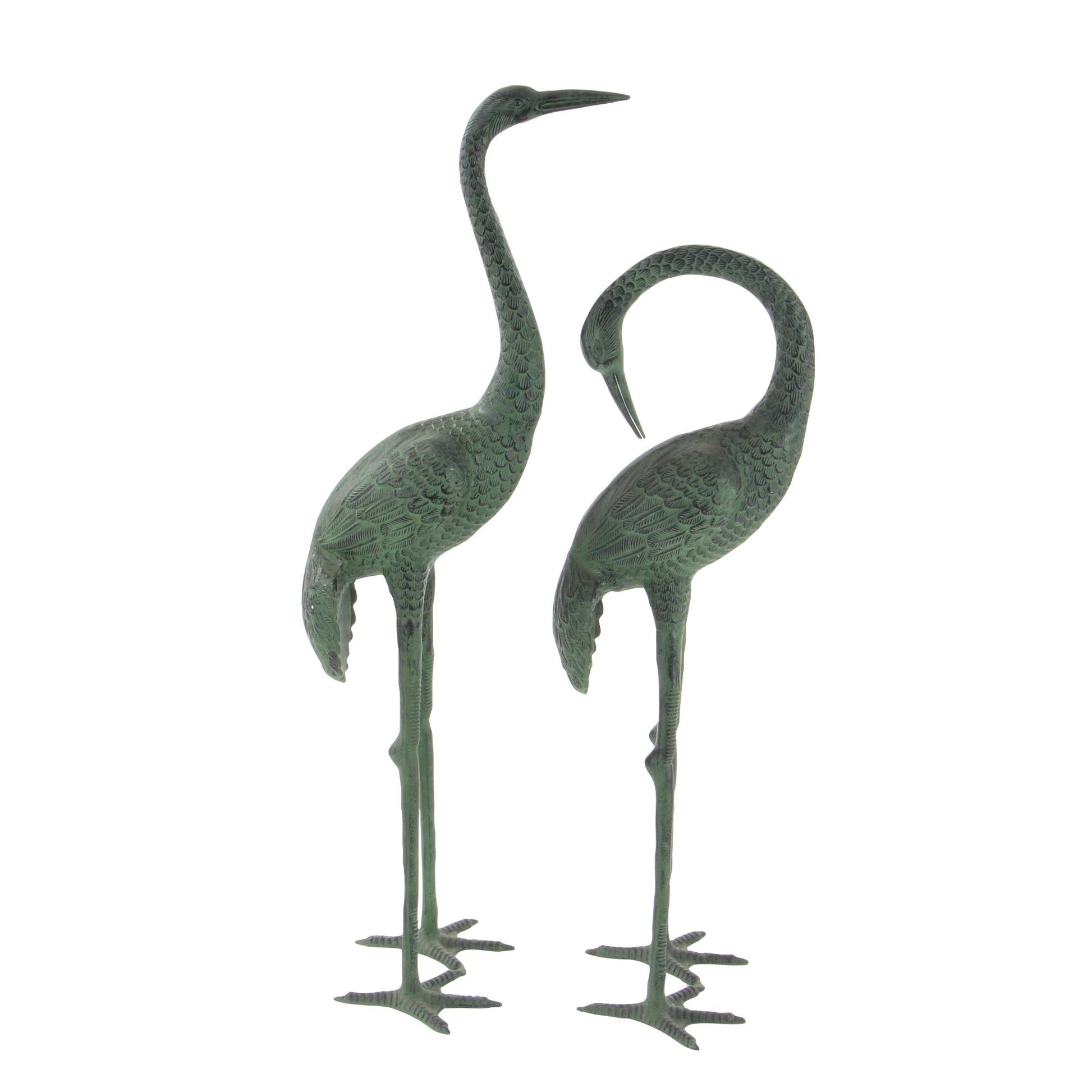 Set of 2 Crane Green Aluminum Metal Tall Indoor Outdoor Decorative Garden Sculpture