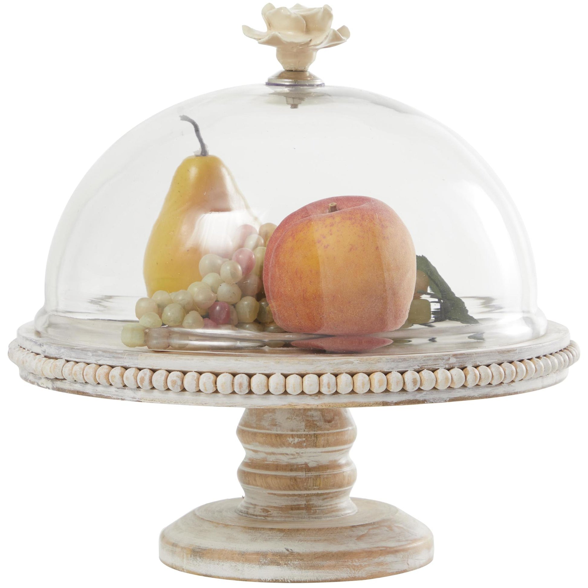 Floral Cream Mango Wood Decorative Cake Stand with Glass Dome