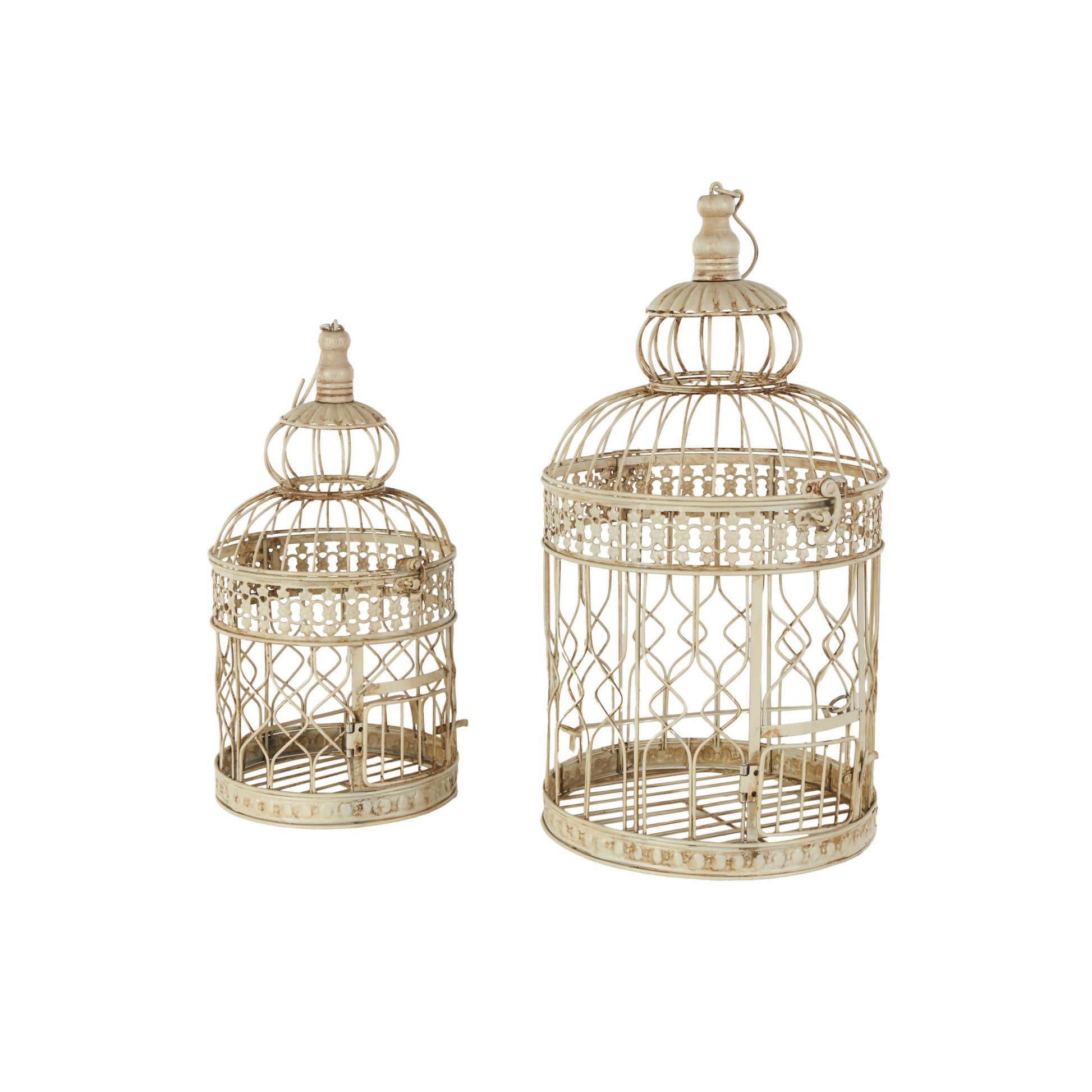 Set of 2 Cream Metal Hinged Top Decorative Birdcage with Latch Lock Closure and Hanging Hook