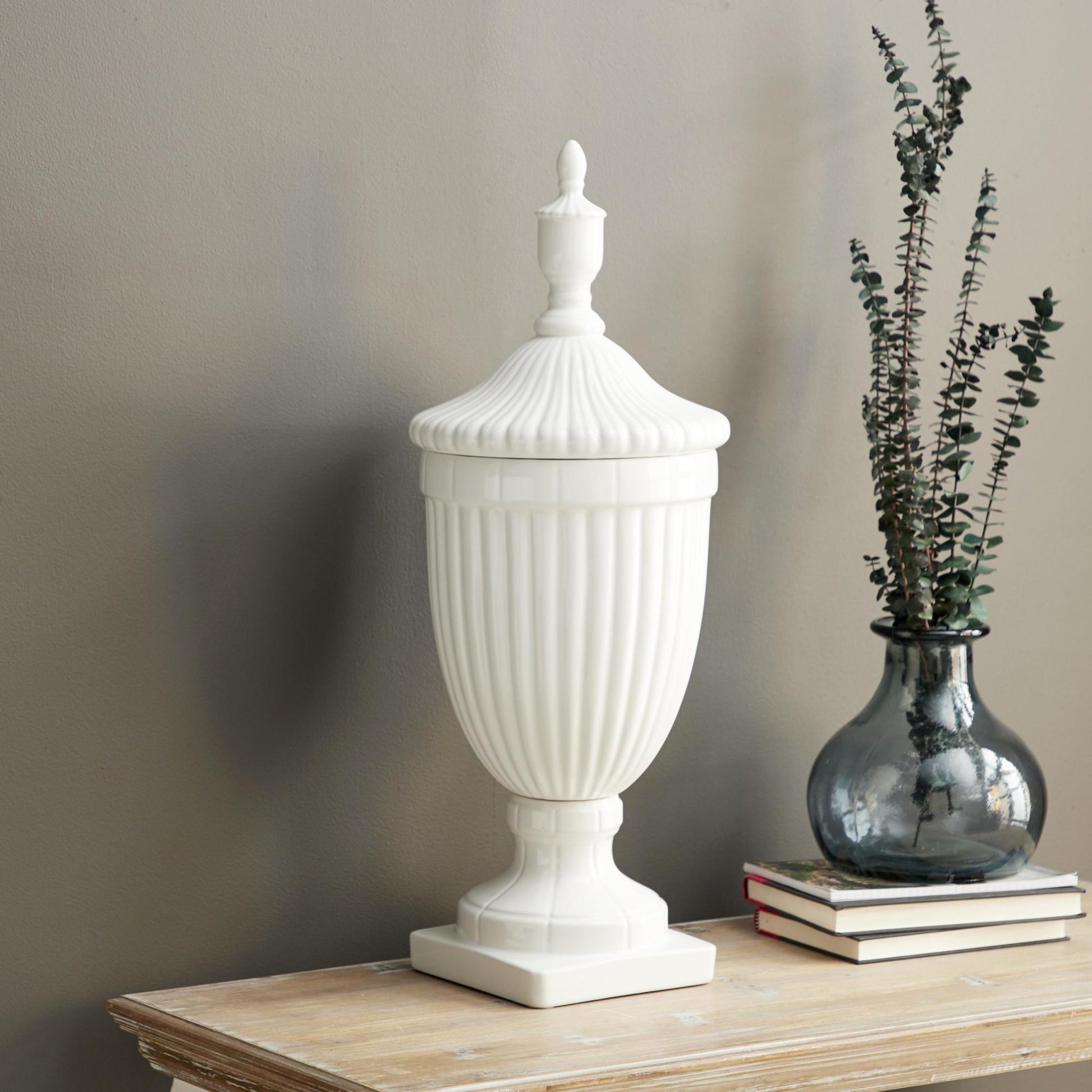 Ceramic Tall Fluted Urn Living Room Decorative Jars with Grooves and Lid
