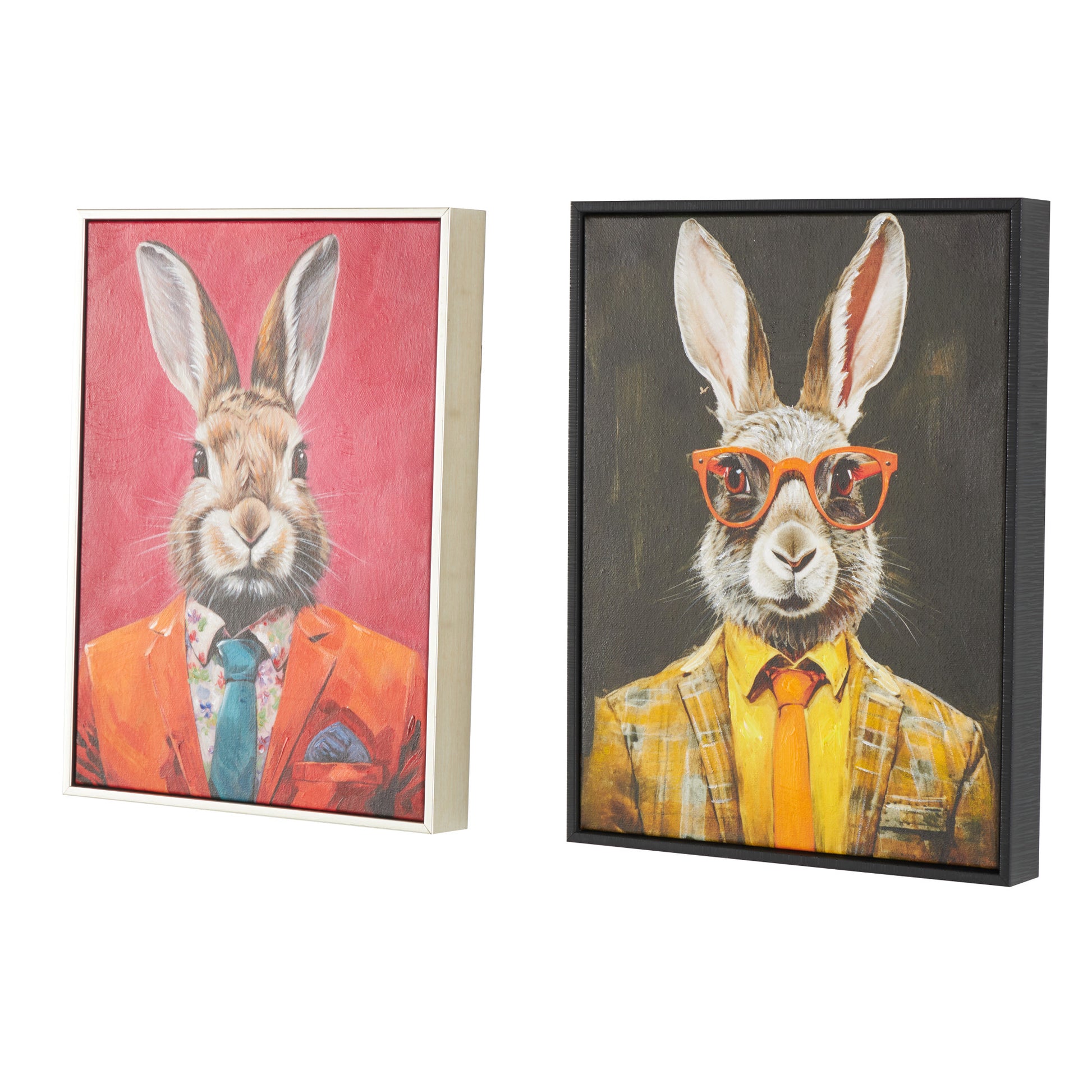 Set of 2 Rabbit Multi Colored Canvas Business Living Room Framed Wall Art with Glasses and Handkerchief