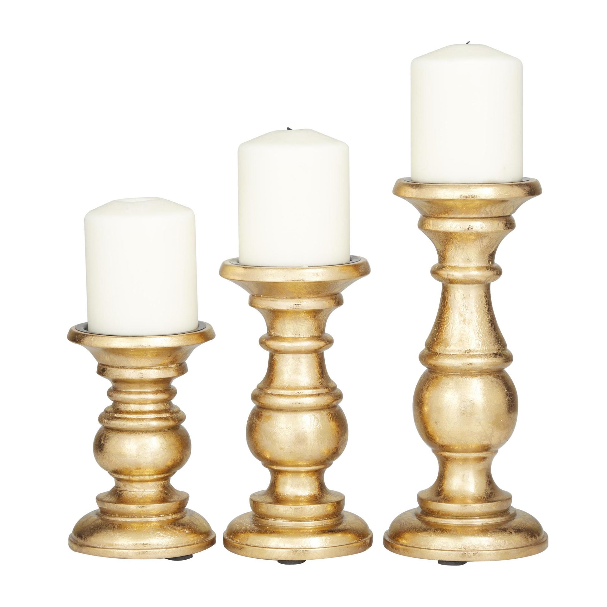 Set of 3 Mango Wood Distressed Turned Pillar Decorative Candle Holder
