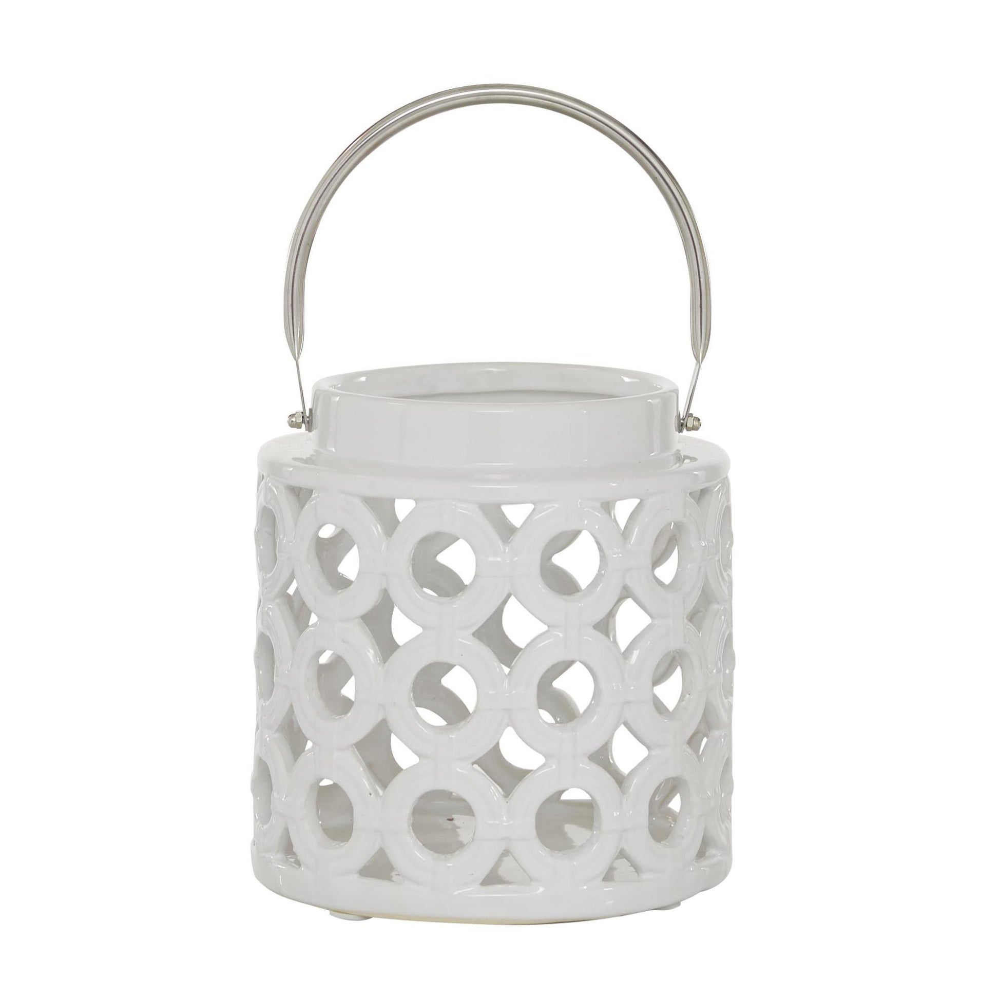 White Ceramic Circles Decorative Indoor Outdoor Candle Lantern with Cut Out Design