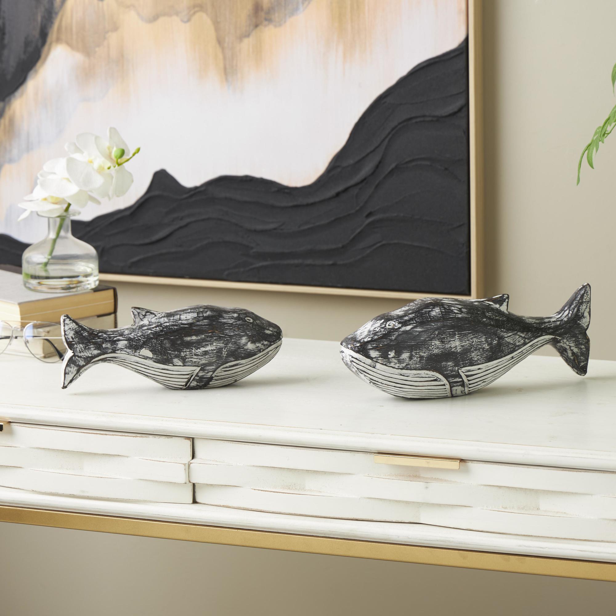 Set of 2 Whale White Wood Distressed Decorative Sculpture