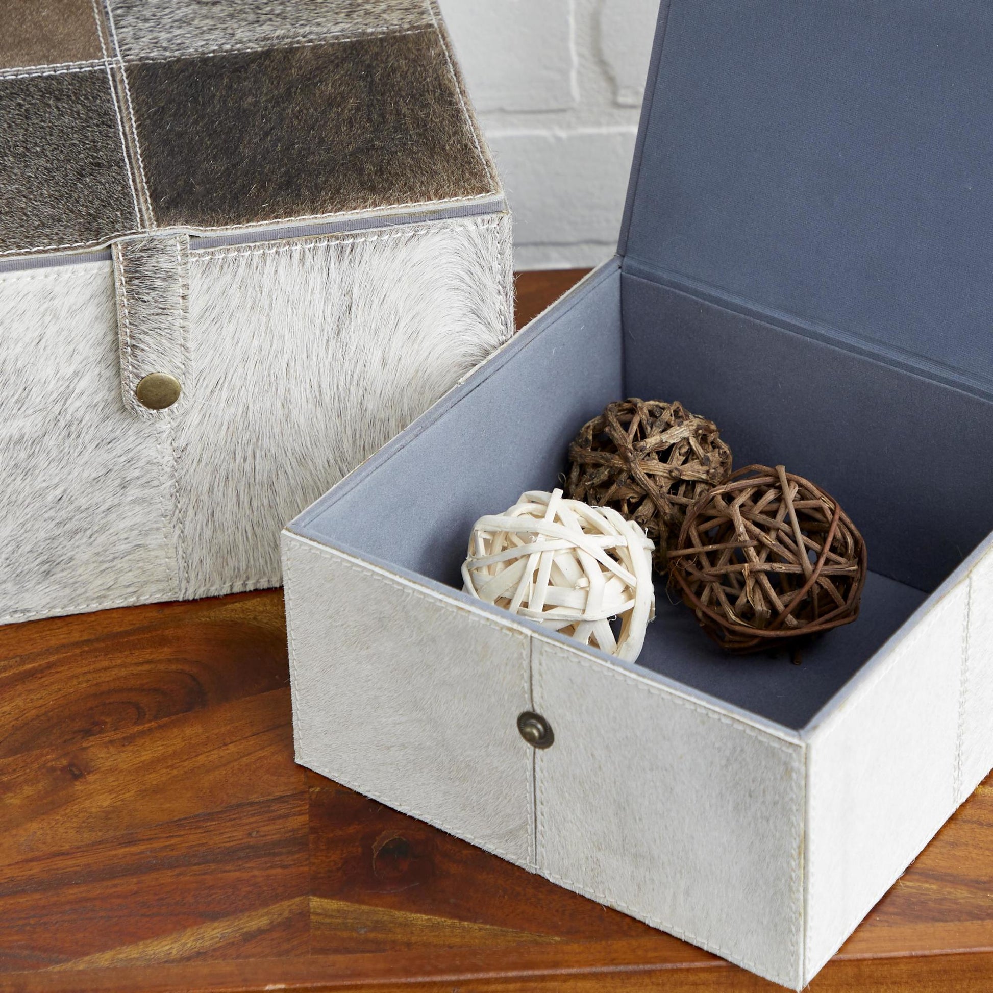 Set of 2 Leather Handmade Storage Decorative Box with Snap Front Closure and Detailed Stitching