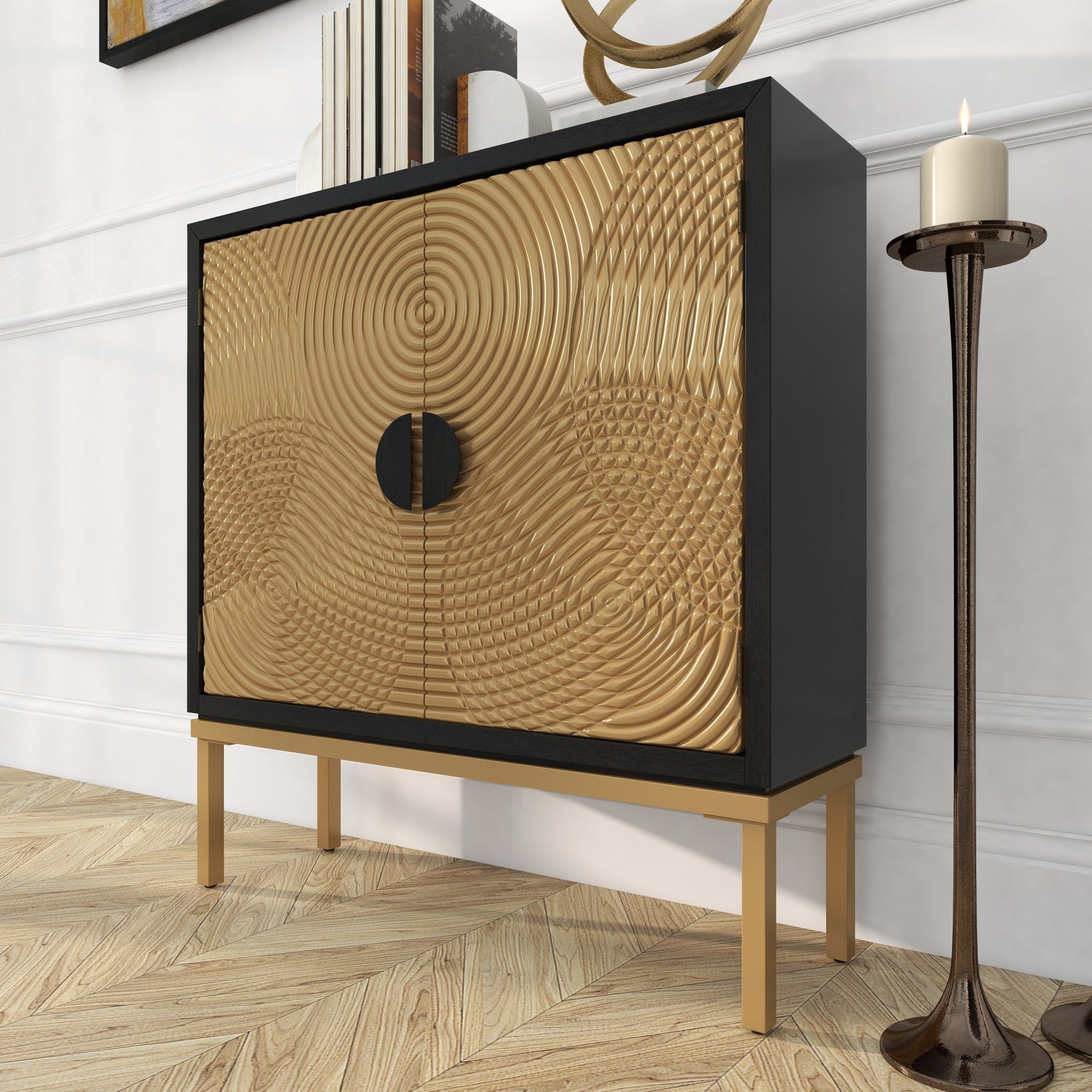 Geometric Bronze Wood Relief Ripple Design 2 Door Room Cabinet with Crescent Moon Handles
