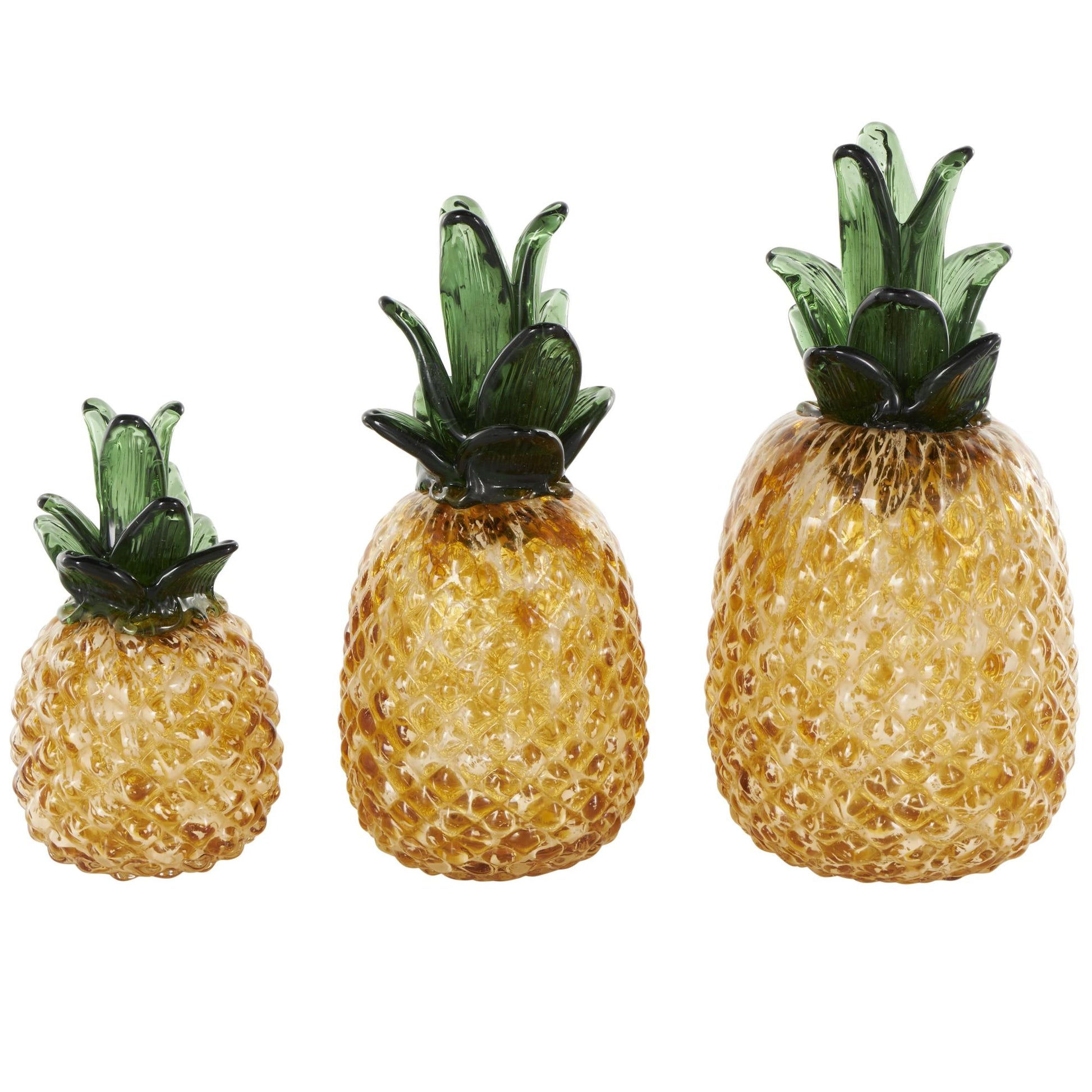 Set of 3 Fruit Orange Glass Faceted Pineapple Decorative Sculpture