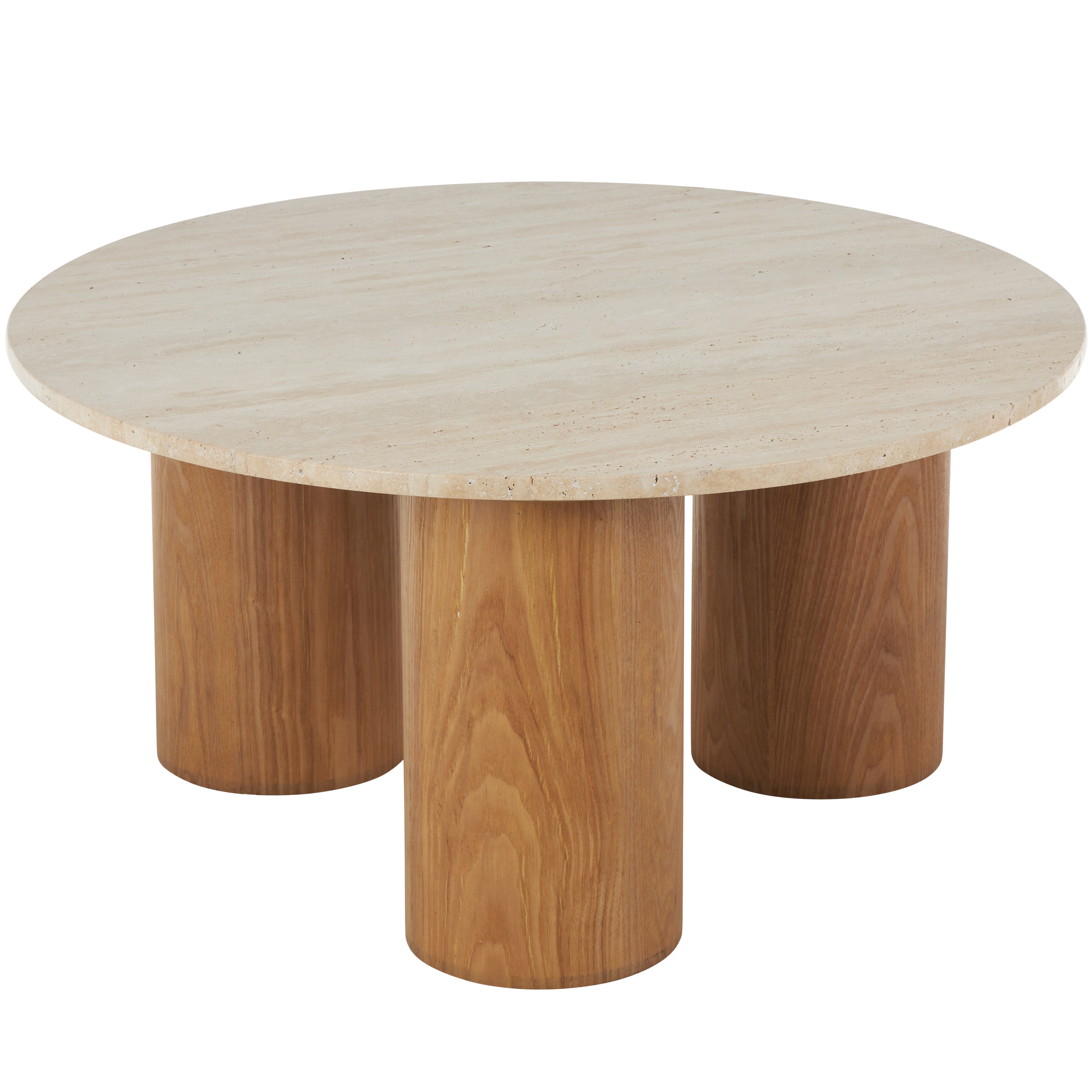 Brown Wood Living Room Coffee Table with Beige Round Marble Top