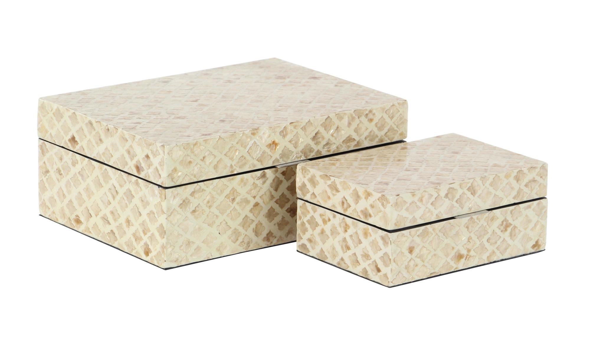 Set of 2 Cream Mother of Pearl Shell Handmade Decorative Box with Hinged Lid