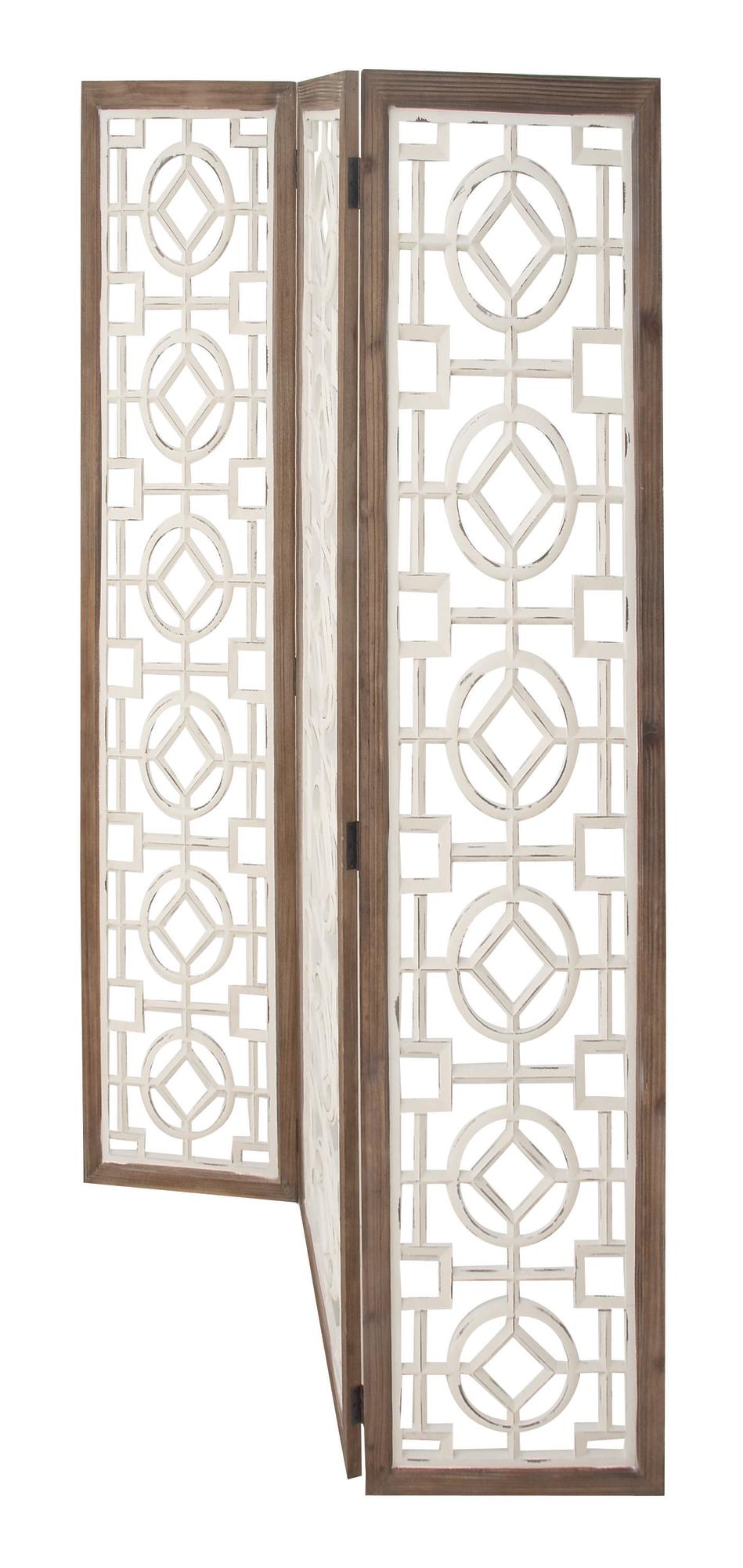 Geometric White Wood Hinged Foldable Partition 3 Panel Partition Room Divider Screen with Carved Designs