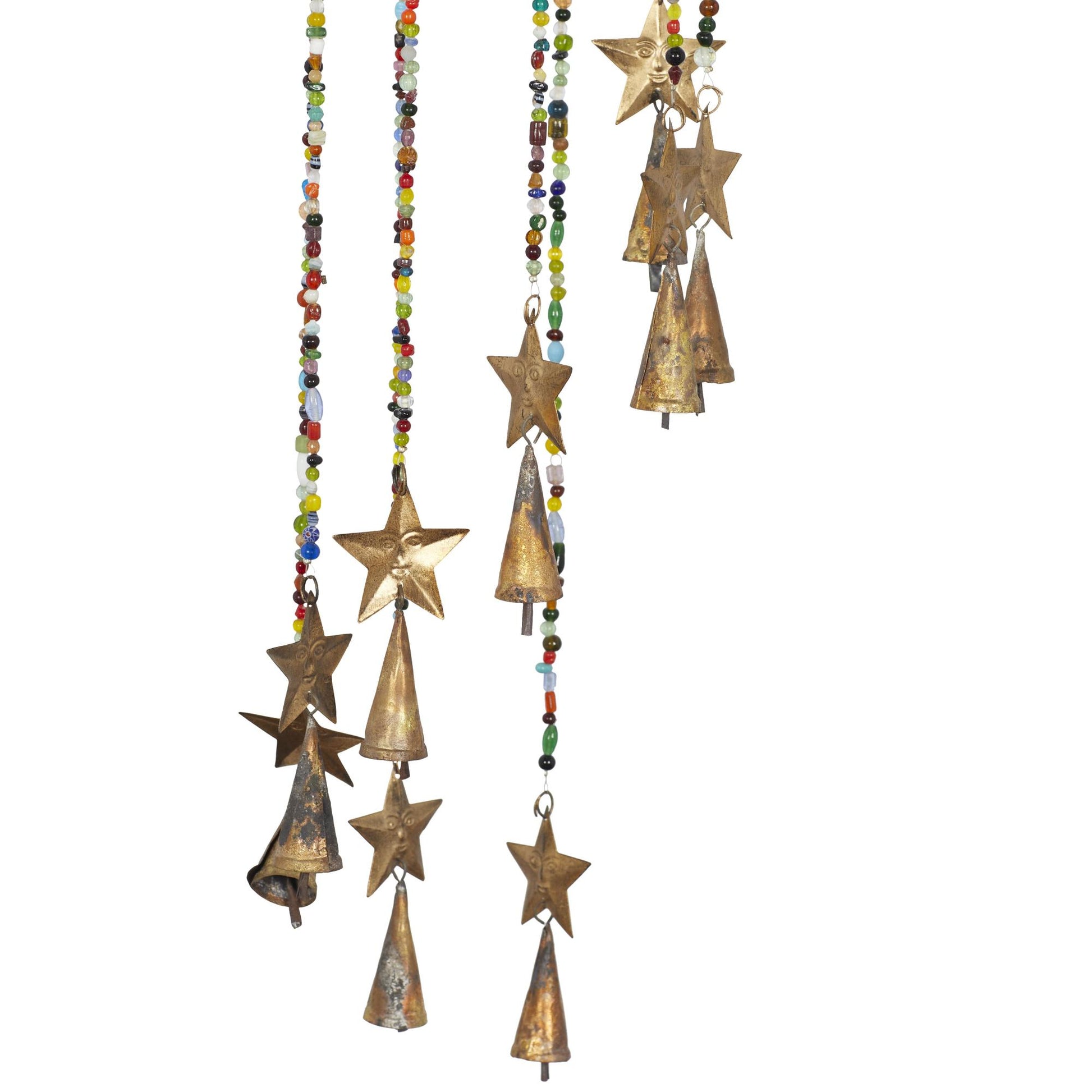 Sun and Star Gold Metal Handmade Indoor Outdoor Windchime with Glass Beads and Cone Bells