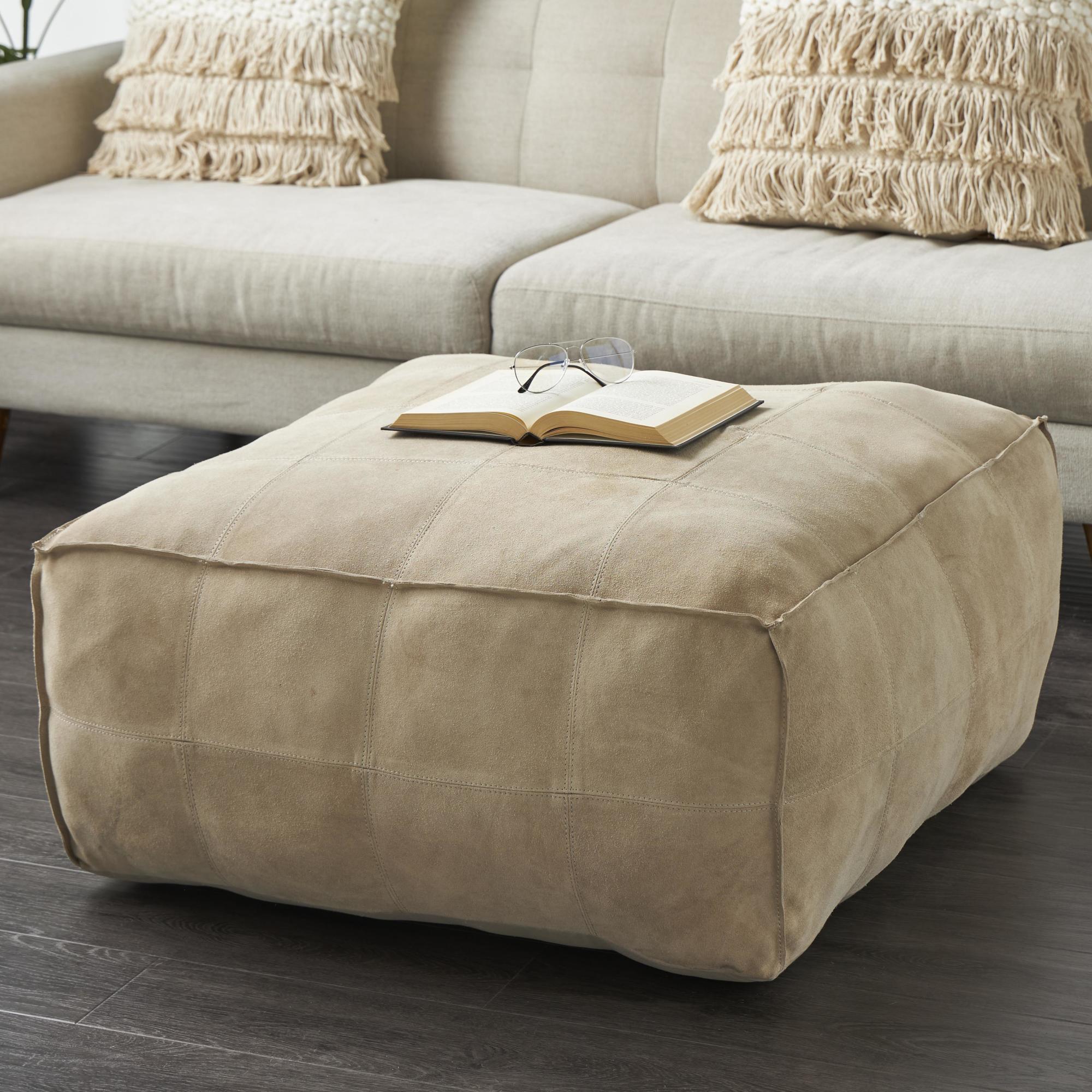 Leather Low Profile Square Stuffed Pouf with Patchwork Design