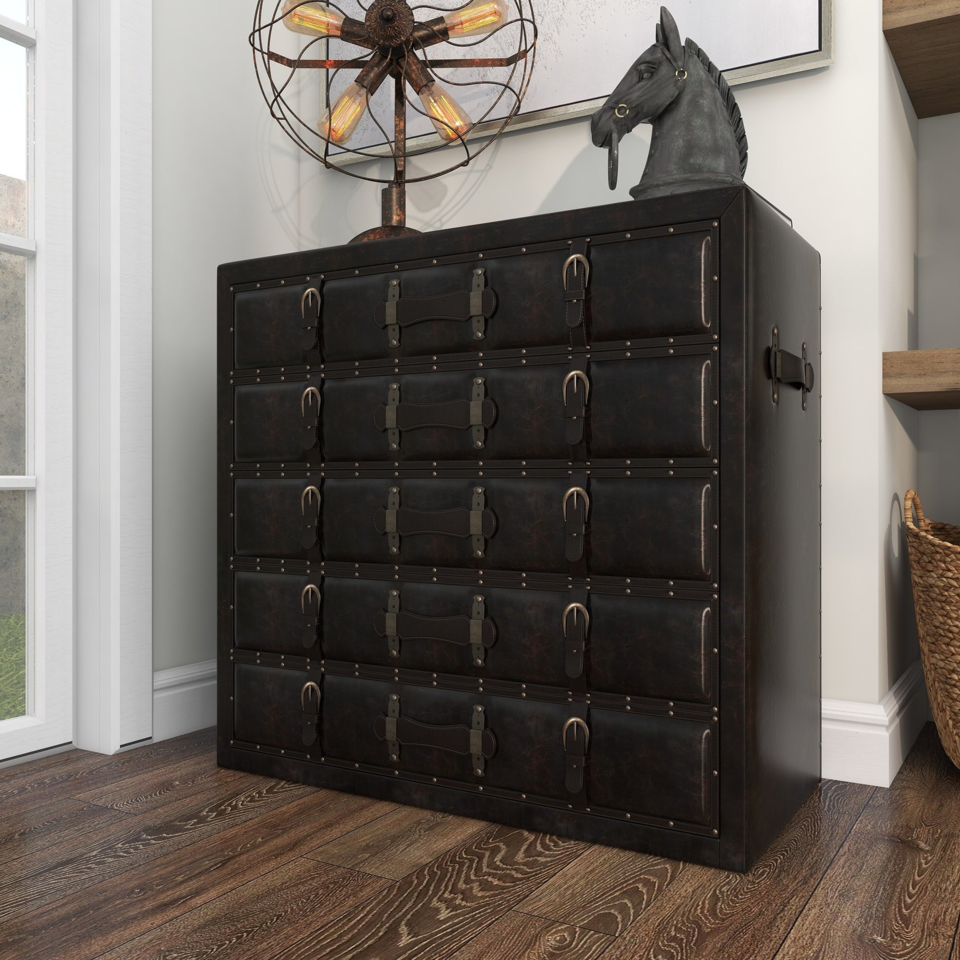 Black Faux Leather Vintage Trunk Room Chest with Gold Studs and Buckle Detailing