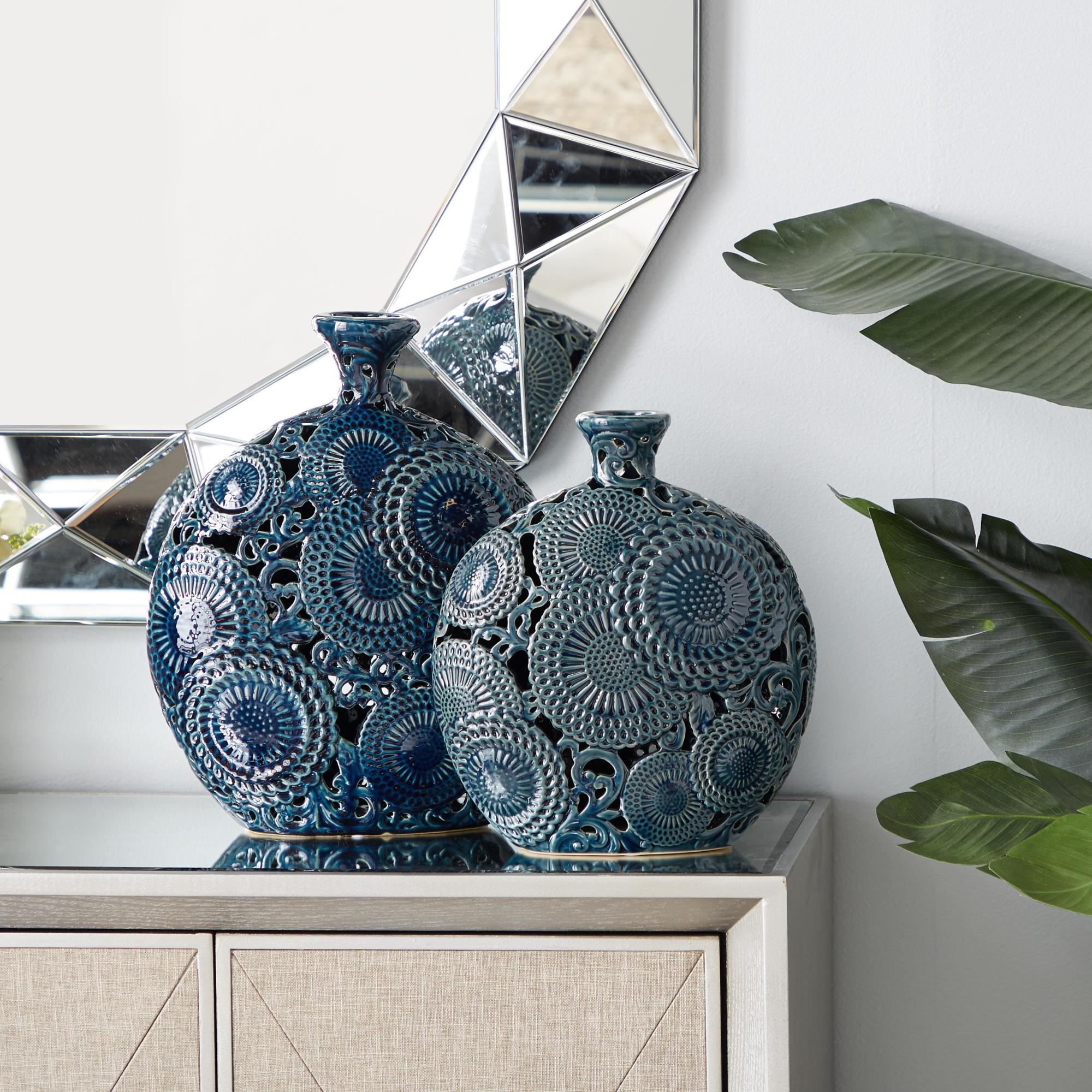 Set of 2 Floral Blue Ceramic Decorative Vase with Cut Out Patterns