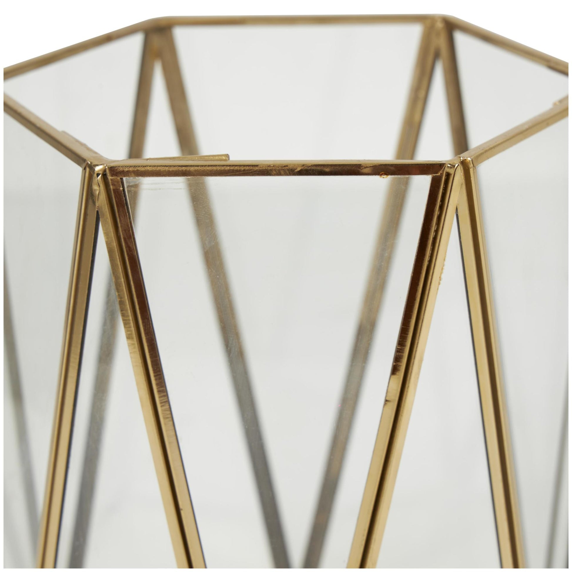 CosmoLiving by Cosmopolitan Set of 3 Geometric Gold Metal Triangle Patterned Hexagon Indoor Outdoor Candle Lantern with Clear Glass