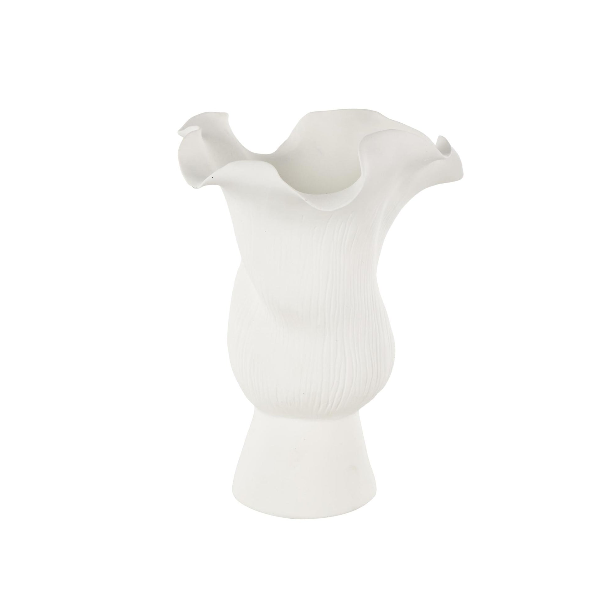 Abstract Ceramic Floral Inspired Decorative Vase with Wavy Folded Rim and Linear Grooves
