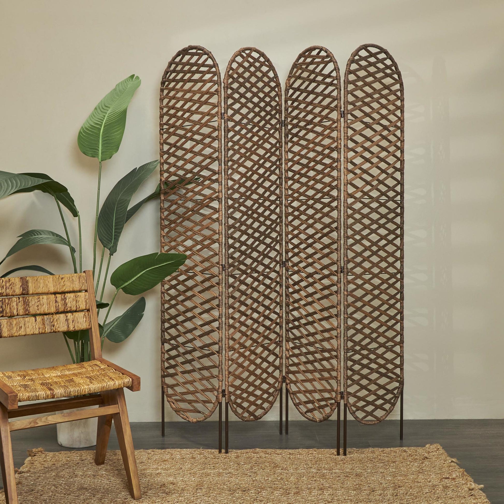 Geometric Copper Metal Handmade Foldable Woven 4 Panel Partition Room Divider Screen with Cutouts